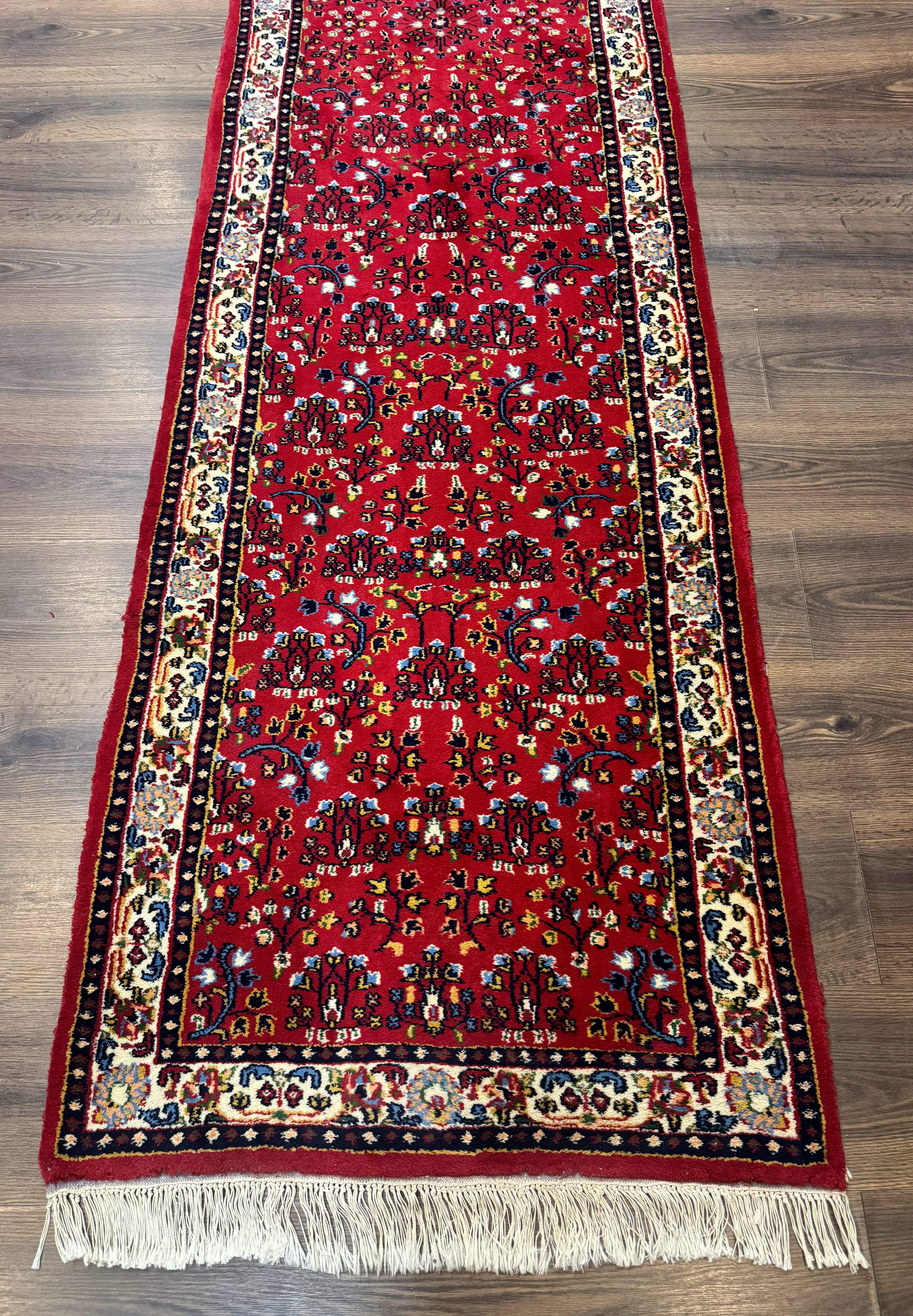 Indo Persian Sarouk Runner Rug 3 x 12, Red and Cream, Allover Pattern, 12ft Runner, Hand Knotted - Jewel Rugs
