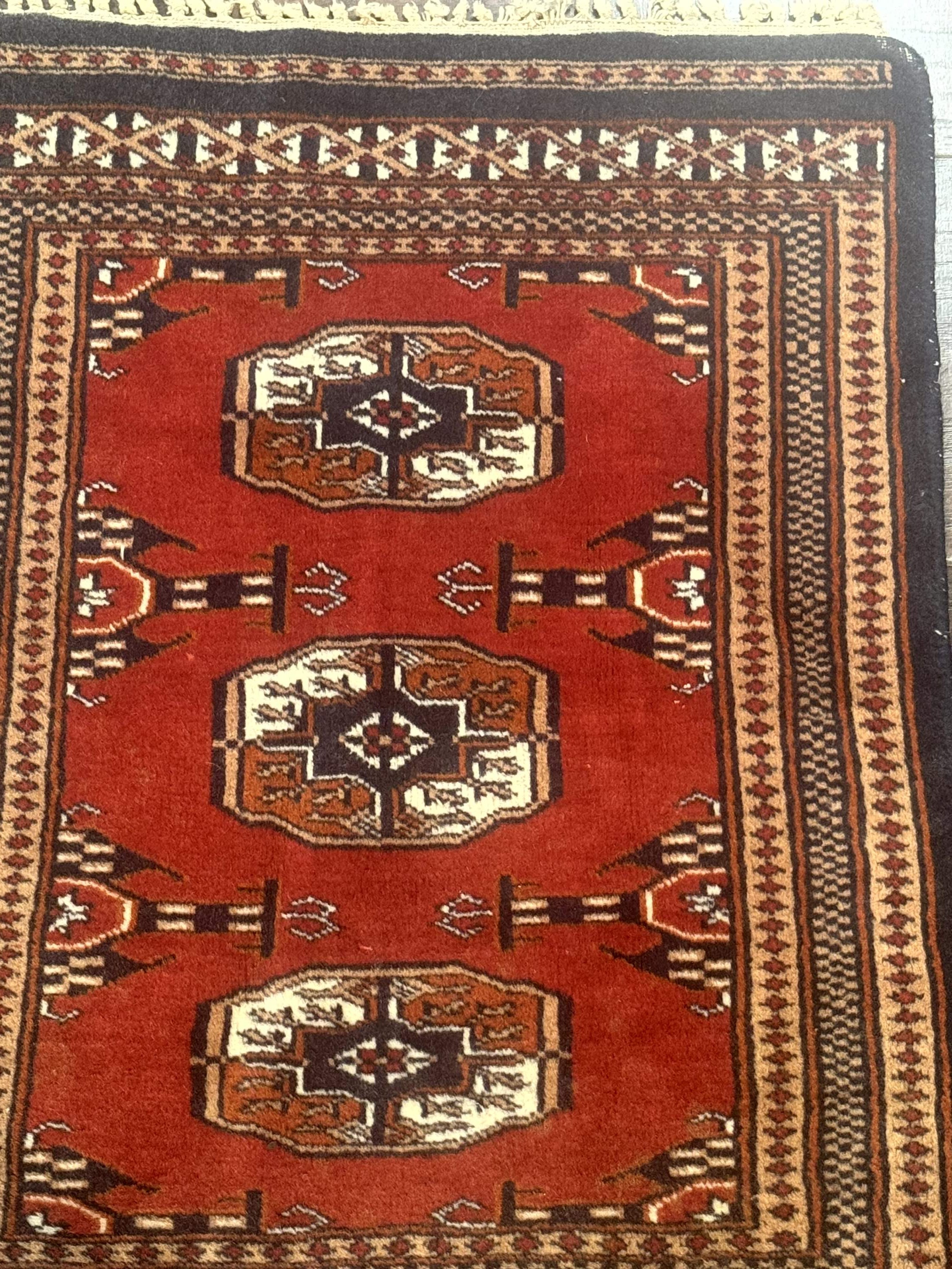 Small Pakistani Bokhara Turkoman Rug, Red, Hand-Knotted Wool Vintage Accent Rug - Jewel Rugs