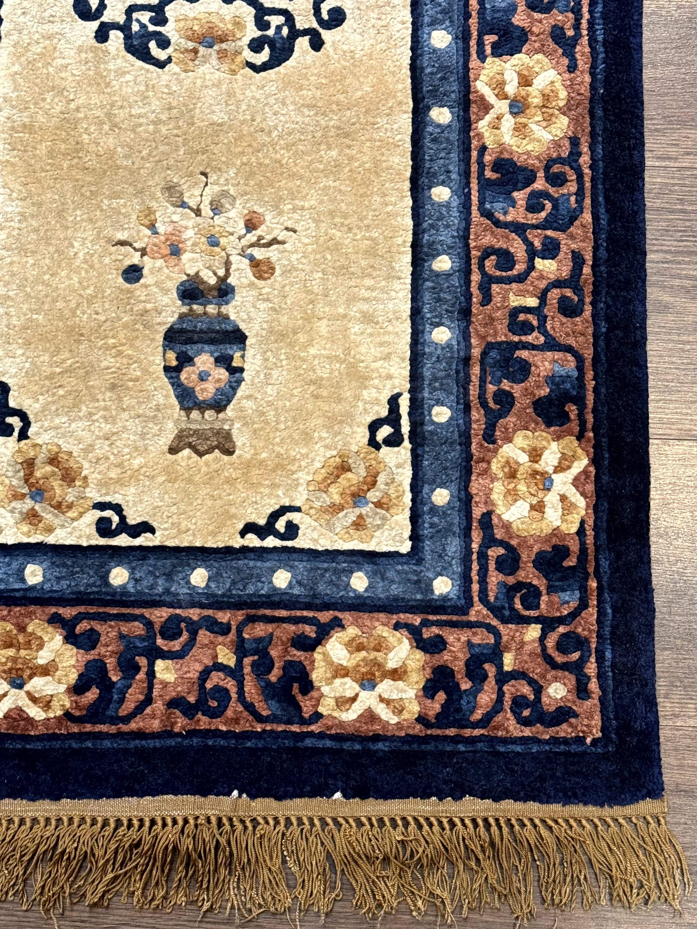 Silk Chinese Rug 2x4, Peking Carpet, Golden-Beige and Blue, Hand Knotted, Simple Design - Jewel Rugs