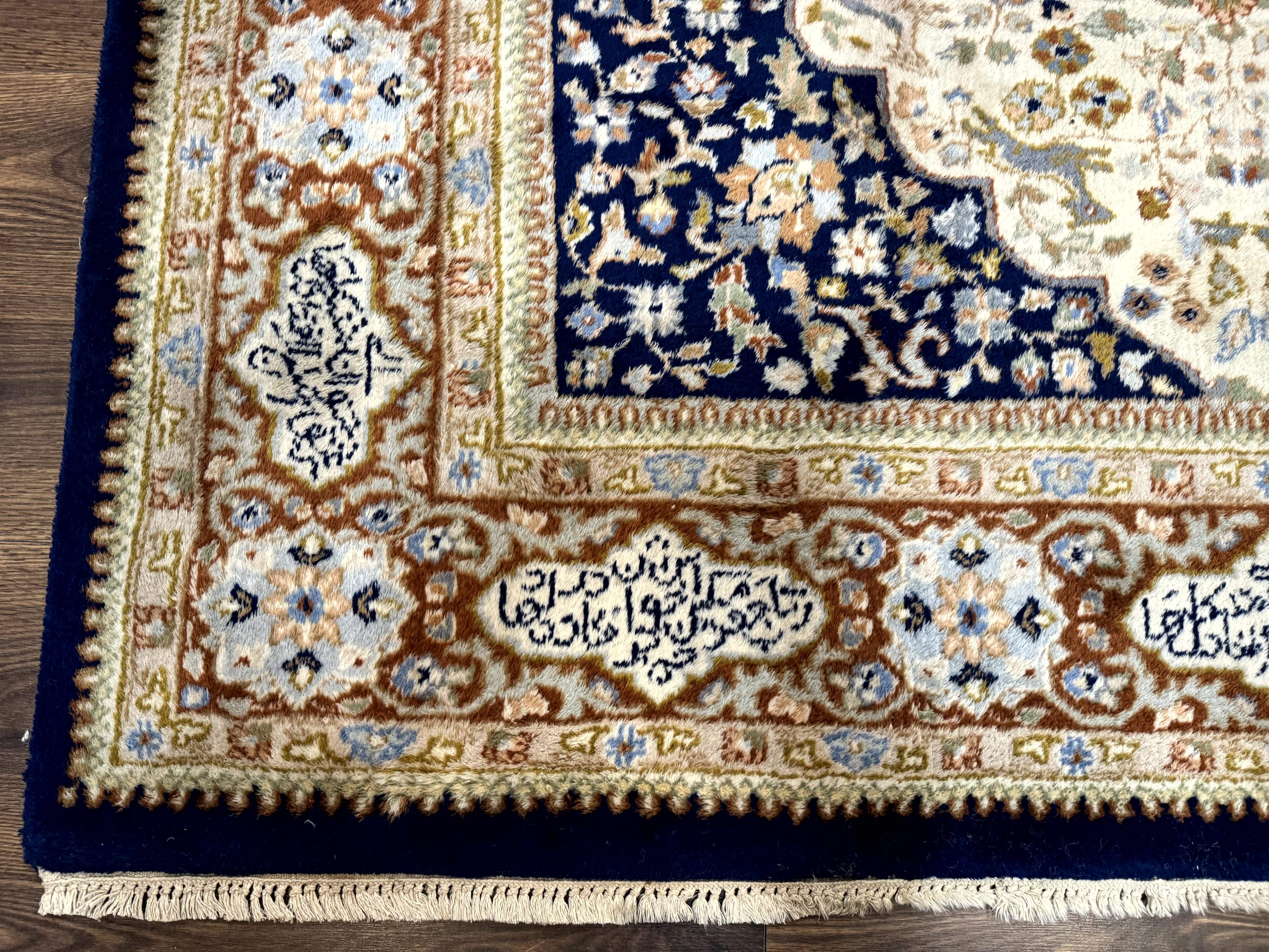 Indo Persian Rug 6x9 – Ivory and Navy, Hunting Design, Wool, Vintage, Poetry in Borders - Jewel Rugs