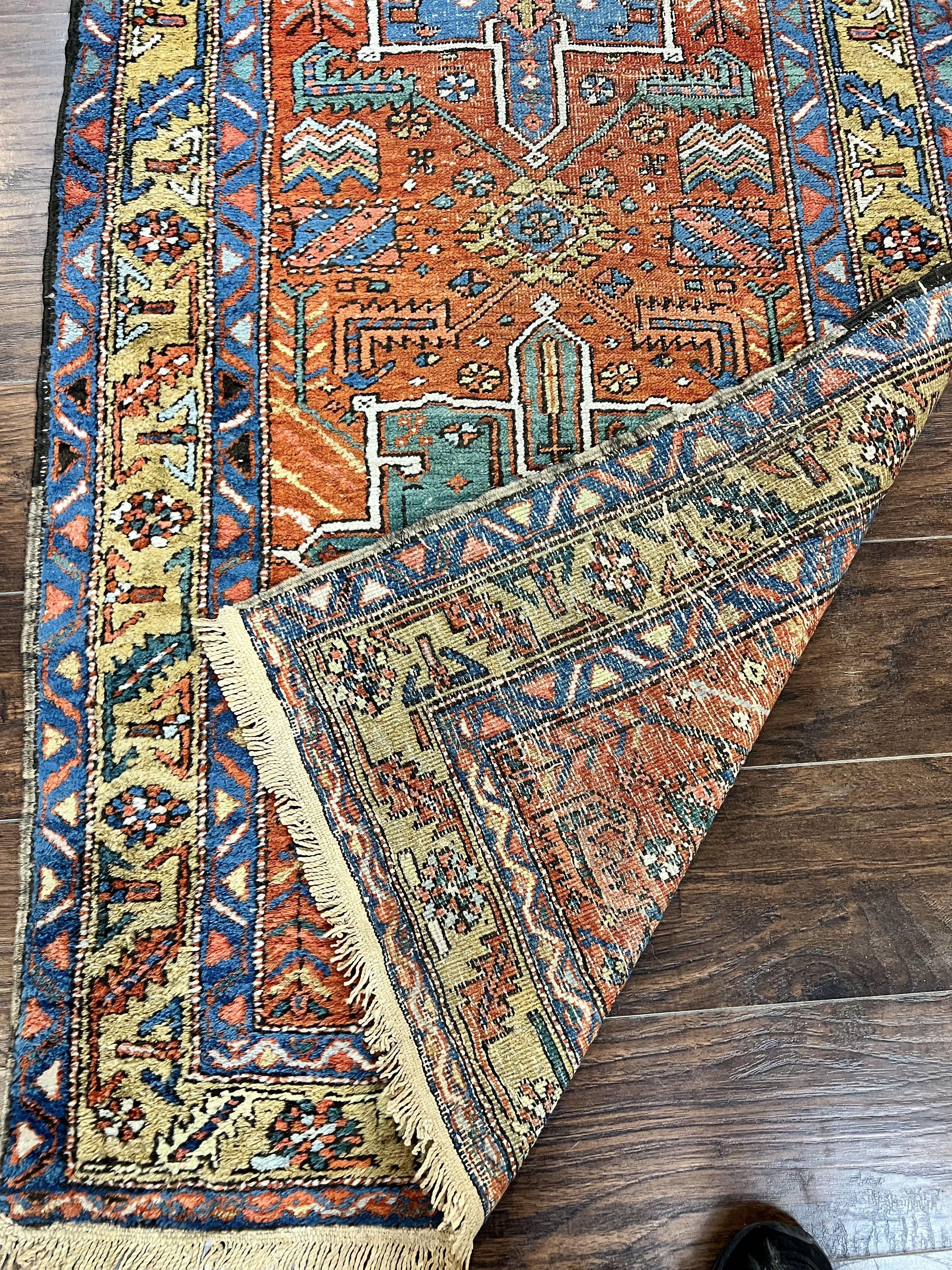Colorful Persian Karajeh Runner Rug 3 x 10.7, Geometric Heriz Design, Antique Oriental Rug for Hallway, Orange-Red Blue, Handmade Tribal Runner - Jewel Rugs
