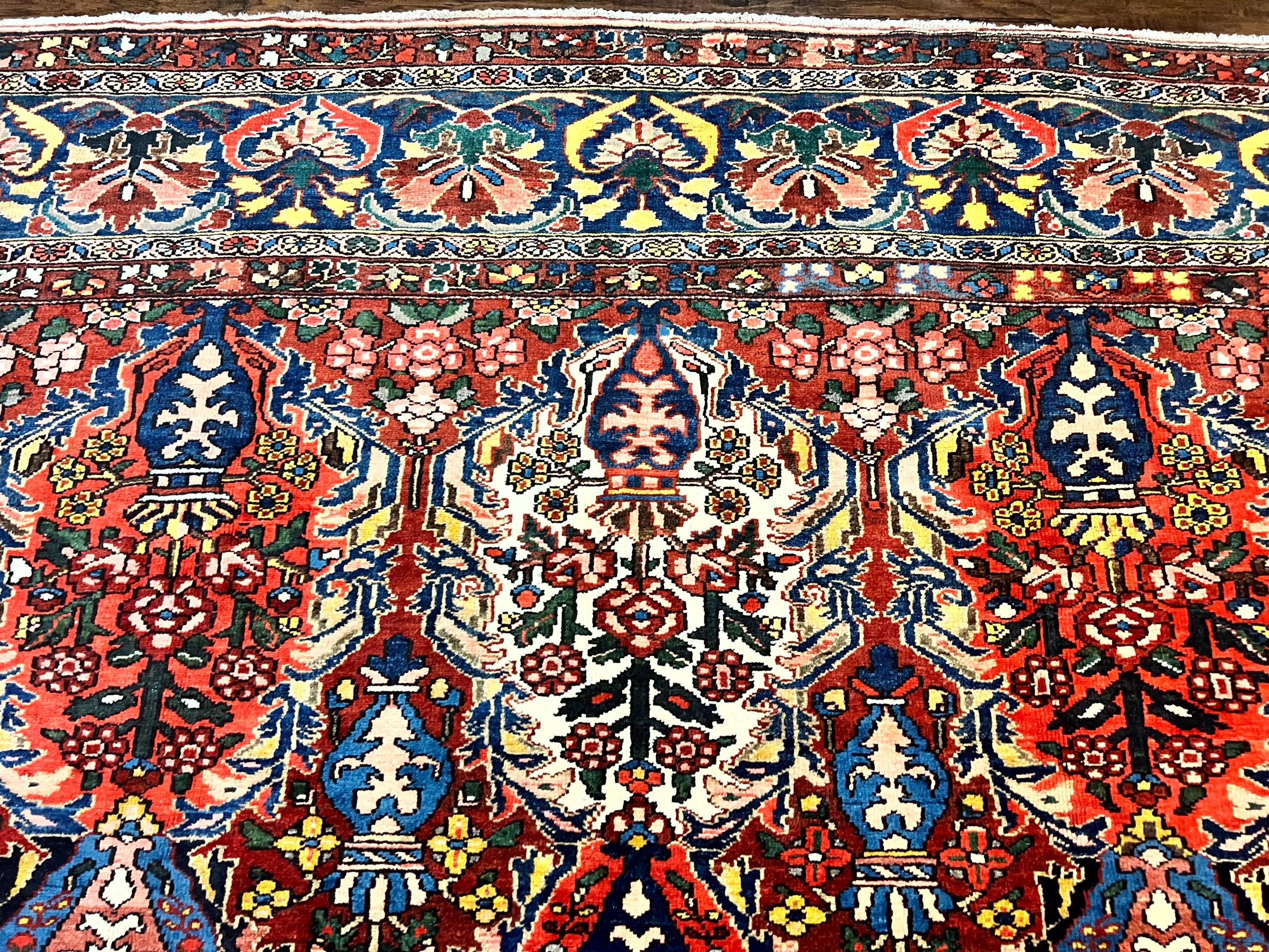 Large Persian Bakhtiari Rug 10x14, Rare Perisan Tribal Rug, Red Blue Ivory Multicolor, Hand Knotted, Semi Antique Carpet - Jewel Rugs