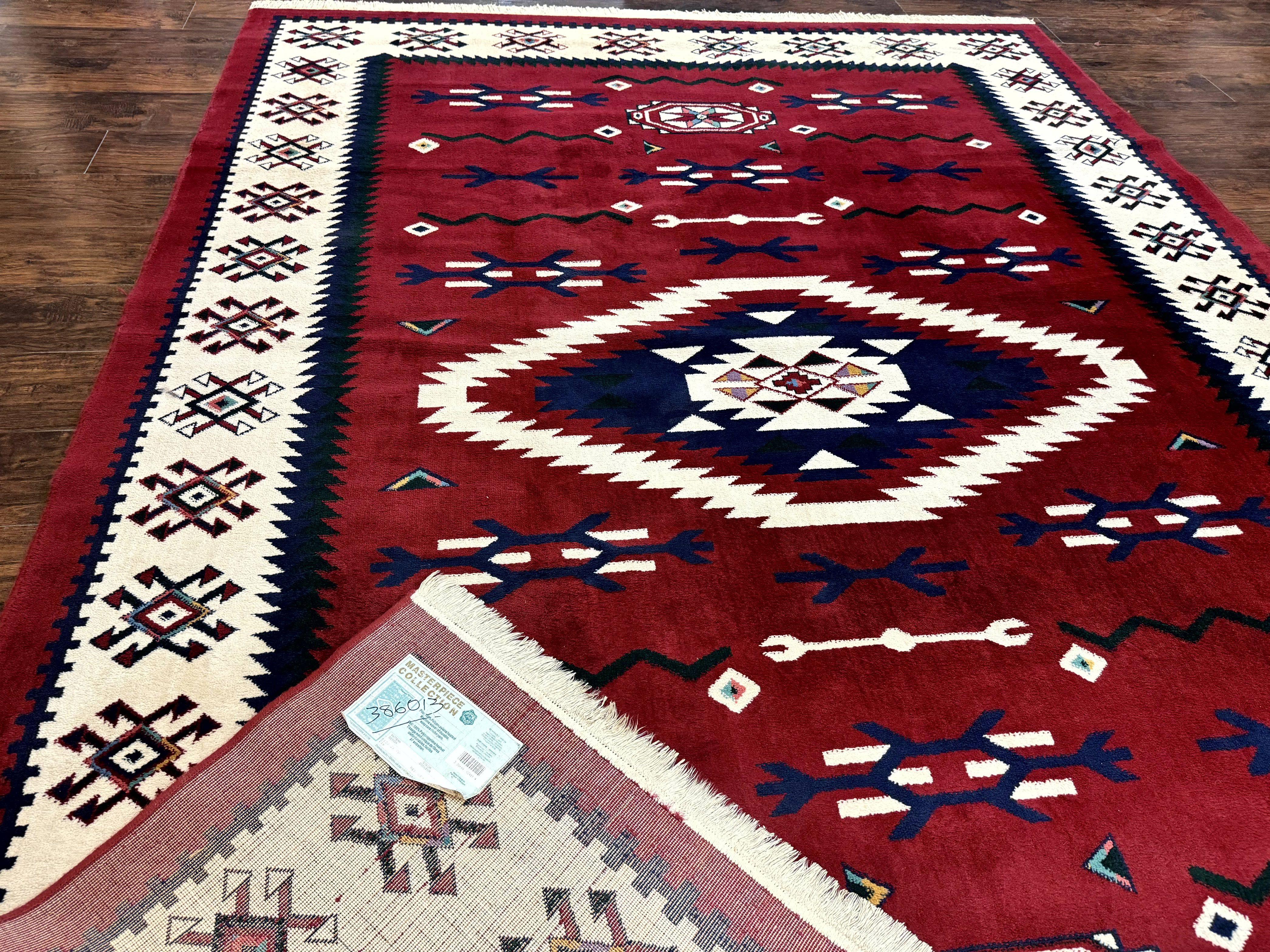 Belgium Power Loomed Rug 8x11, Navajo Native American Design, Dark Red and Ivory, Tribal Rug, Bohemian Carpet - Jewel Rugs