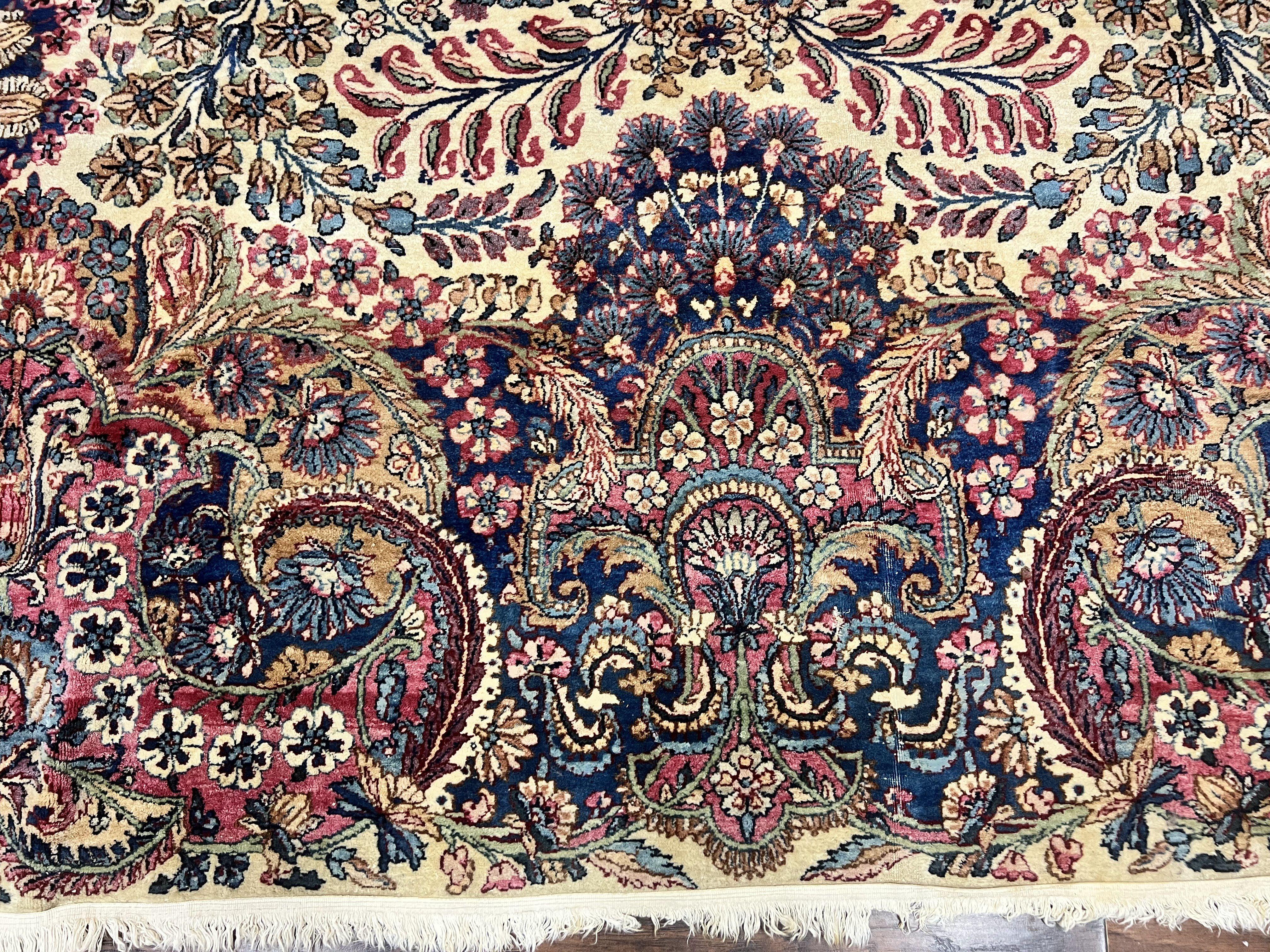 Persian Kirman Rug 11x17, Wool Hand Knotted Antique Carpet, Ivory Navy Blue, Allover Floral, 11 x 17 Oversized Rug, Palace Size Kerman Oriental Rug - Jewel Rugs