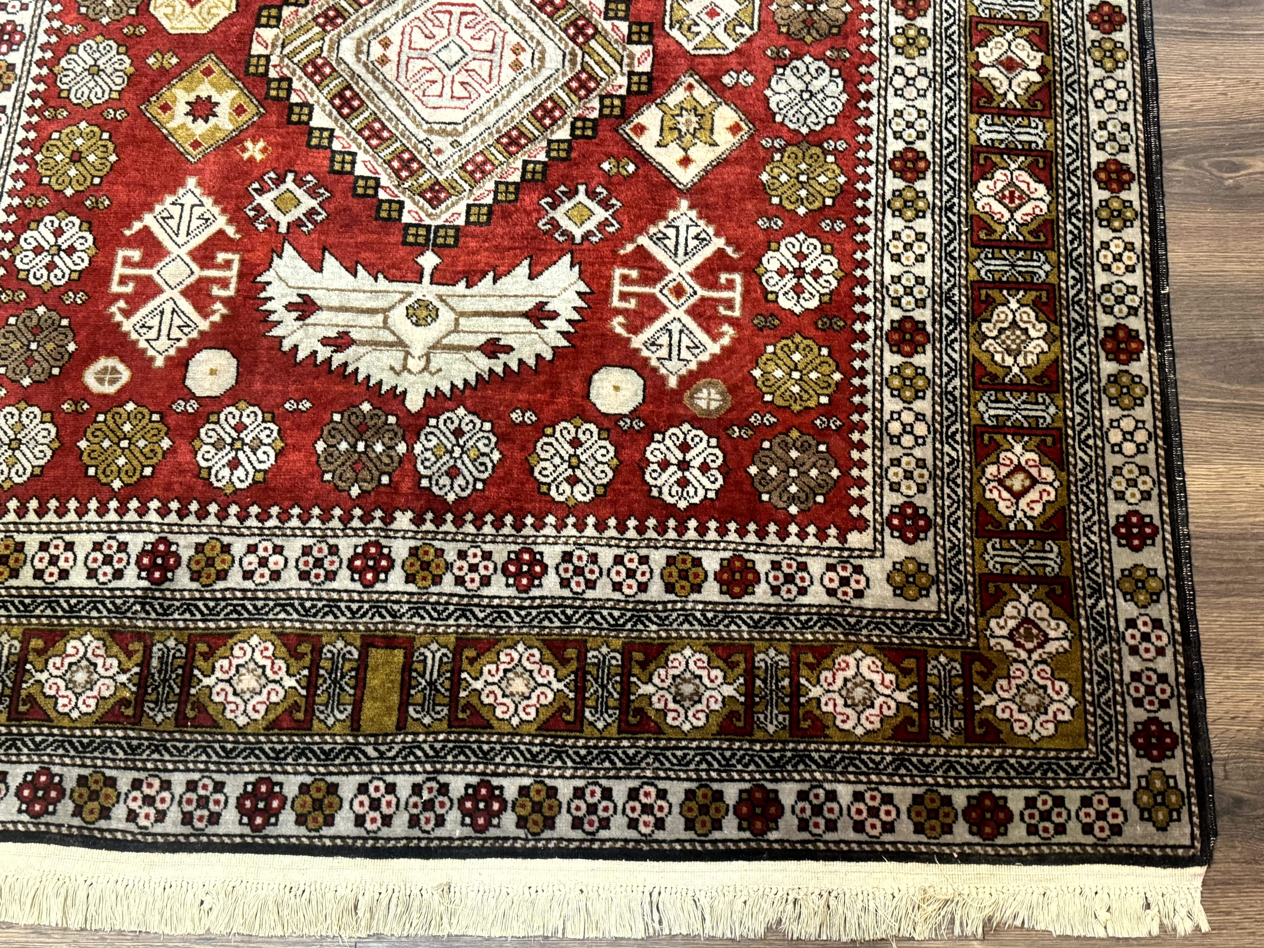 Caucasian Rug 4x6 – Rust Red, Hand-Knotted Wool Shirvan Carpet, Geometric Medallions - Jewel Rugs