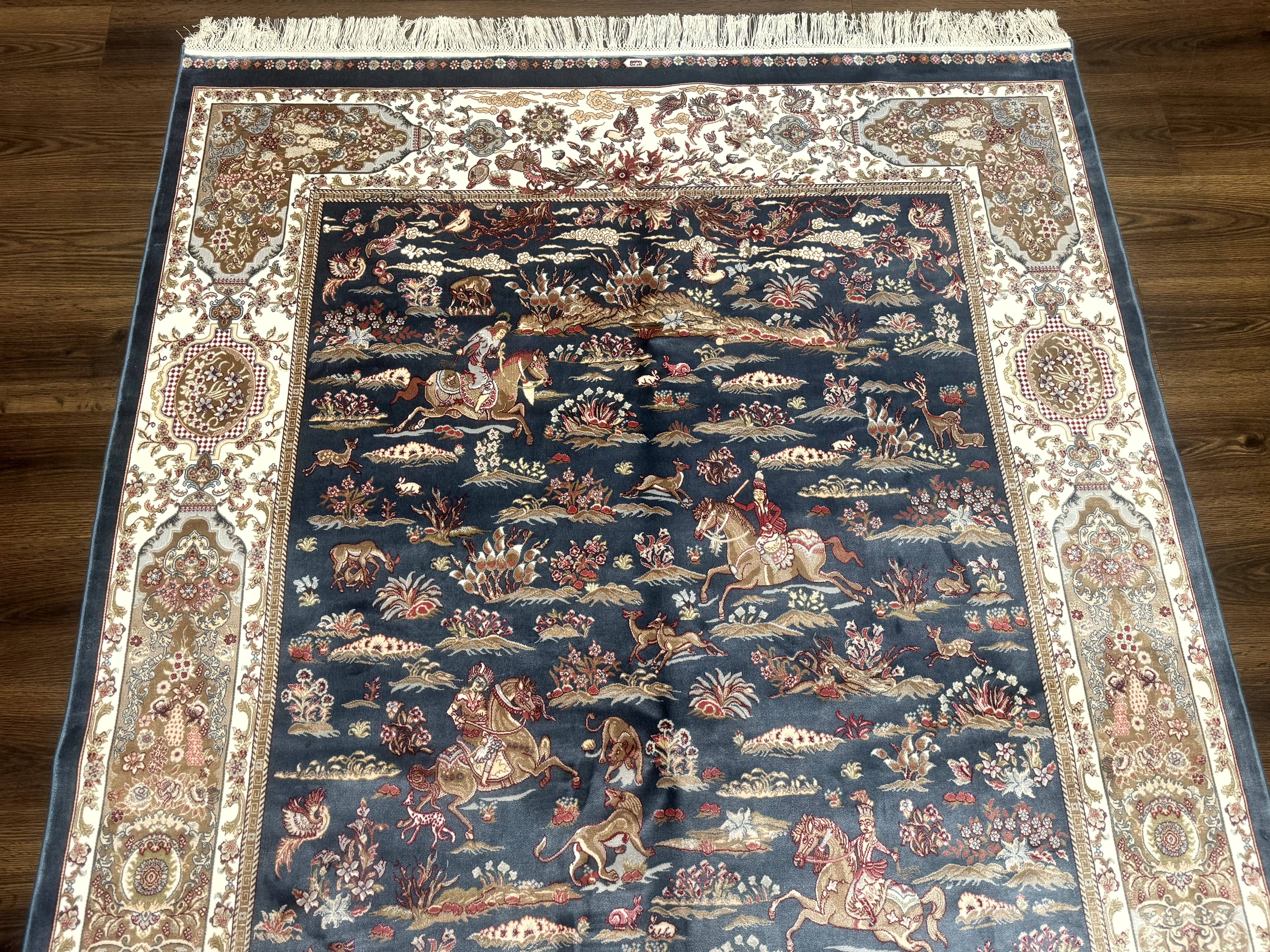 Turkish Silk Rug 5x8, Hunting Design, Animal Pictorials, Steel Blue & Ivory, Bamboo Silk - Jewel Rugs