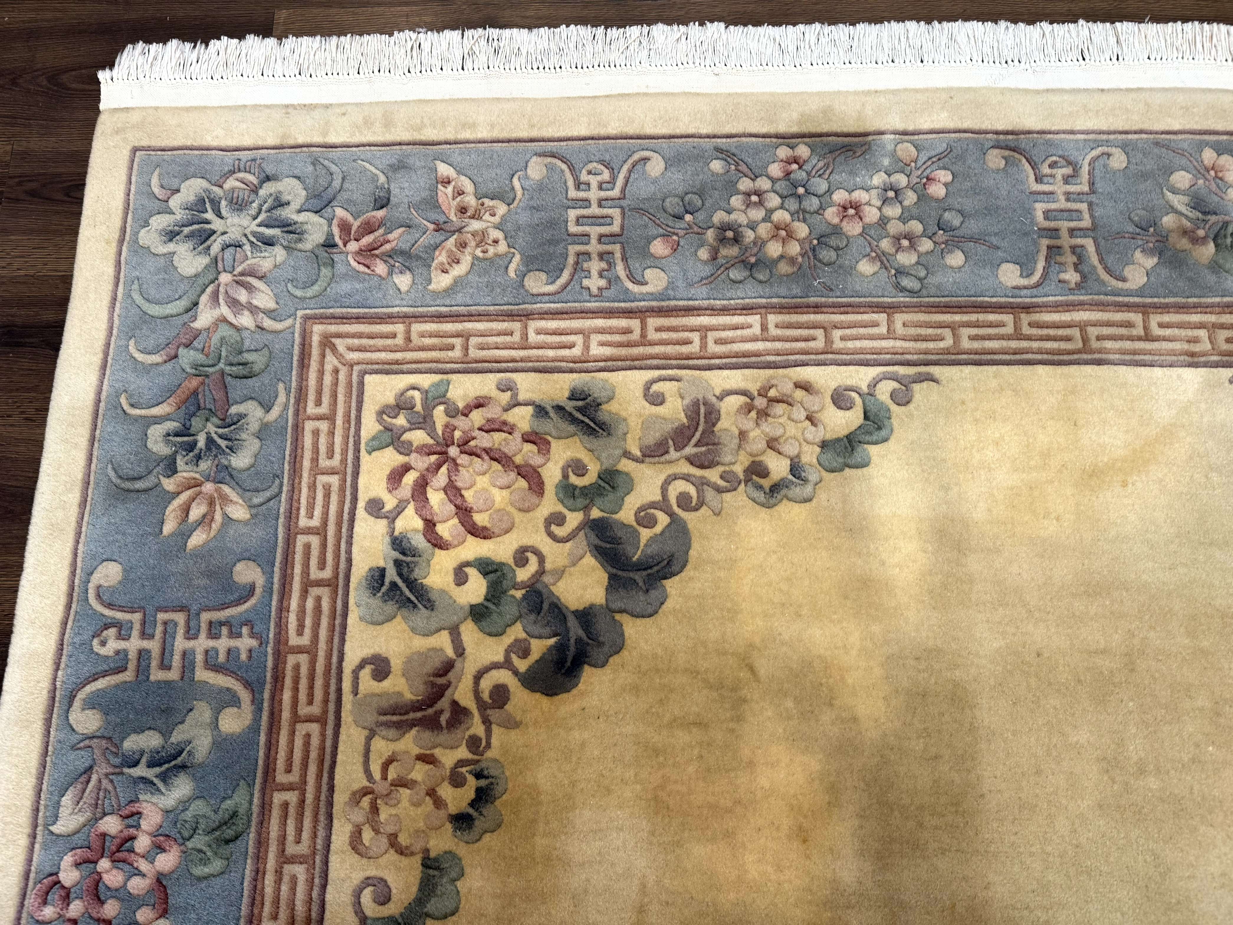 Chinese Wool Rug 8x10, Chinese 90 Line Carpet, Carving Sculpted Rug, Cream and Light Blue - Jewel Rugs