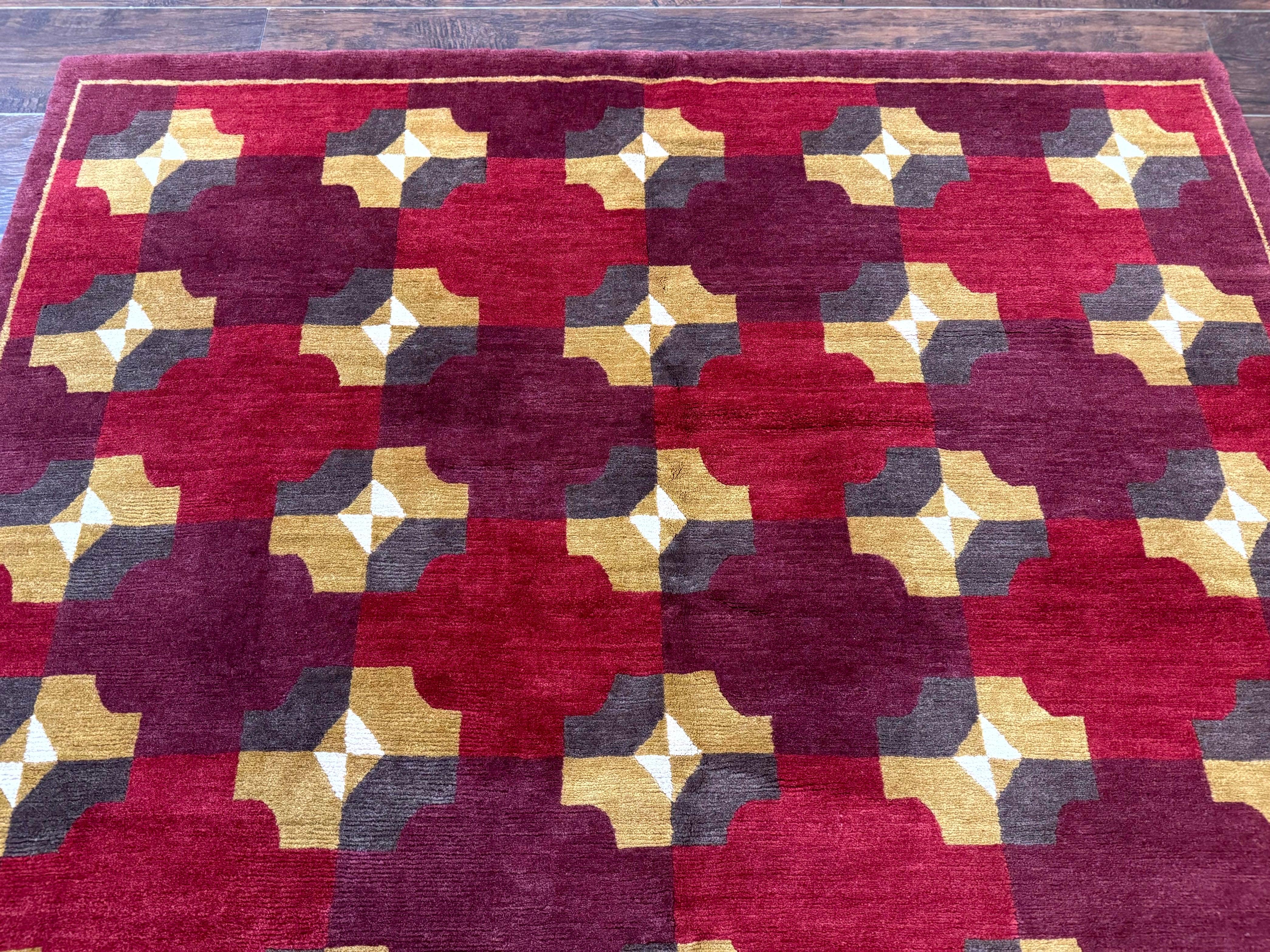 Modern Tibetan Rug 5 x 6.8, Wool, Red, Allover Pattern, Nepali Rug, Abstract Rug, Handmade Area Rug - Jewel Rugs