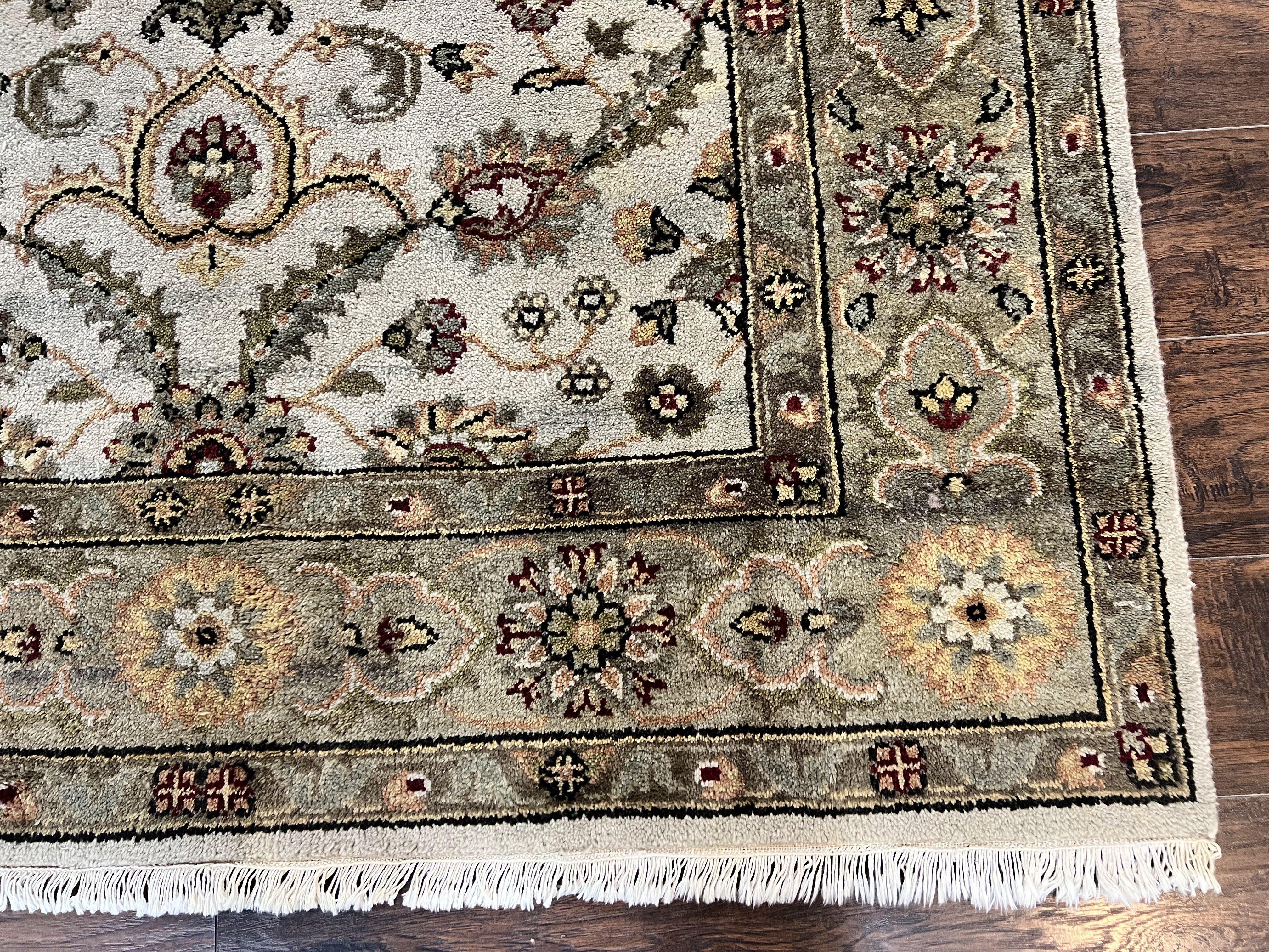 Indo Persian Rug 5.6 x 8, Wool Hand Knotted Vintage Carpet, Beige Indian Mahal Traditional Oriental Rug, Allover Floral, Tea Wash Rug - Jewel Rugs