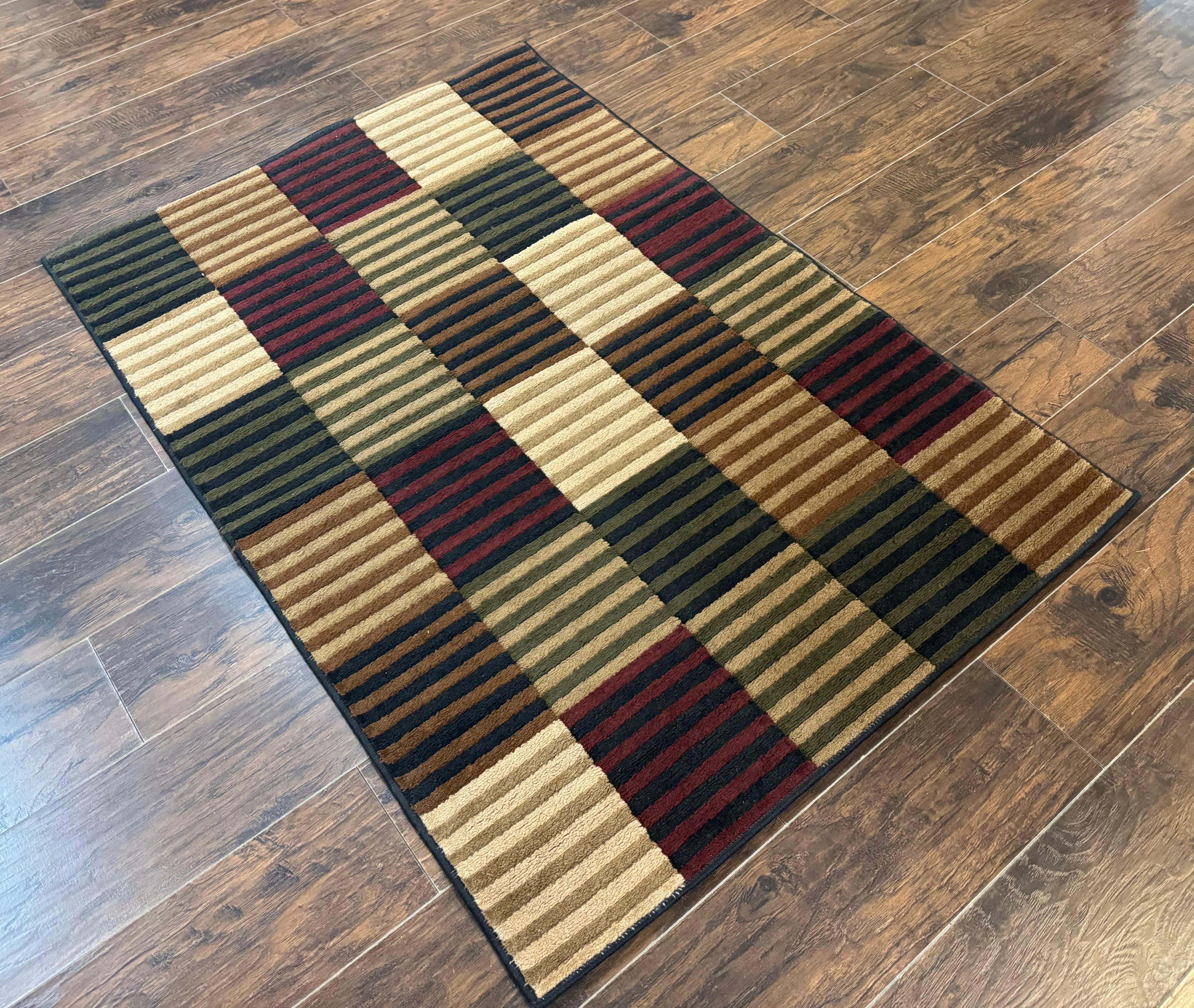 Vintage Power Loomed Rug 3.6 x 5, Brown Beige Black Tan, Box Design - Jewel Rugs