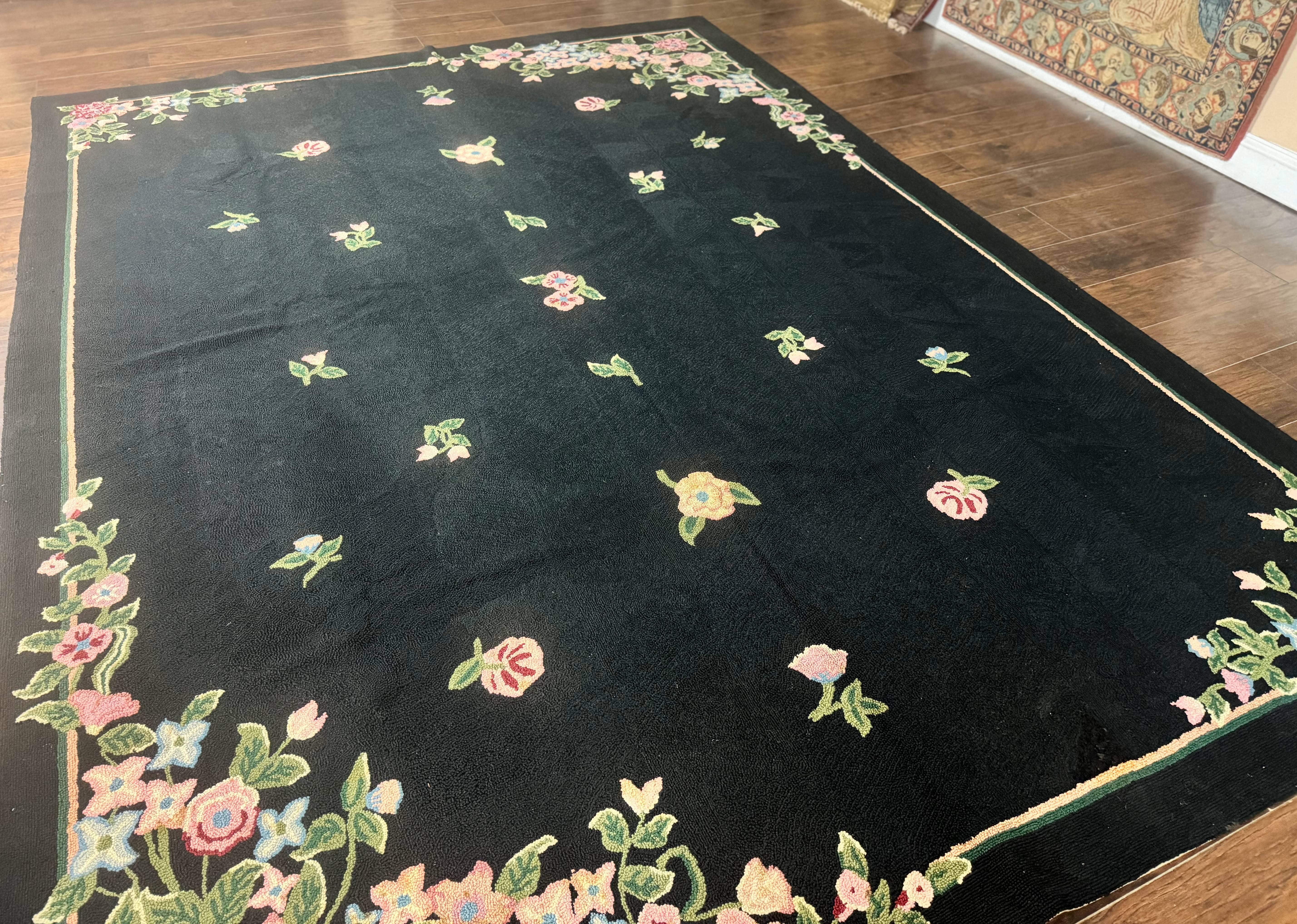 Vintage Hand Hooked Rug 8x11, Black, Handmade Floral Carpet - Jewel Rugs