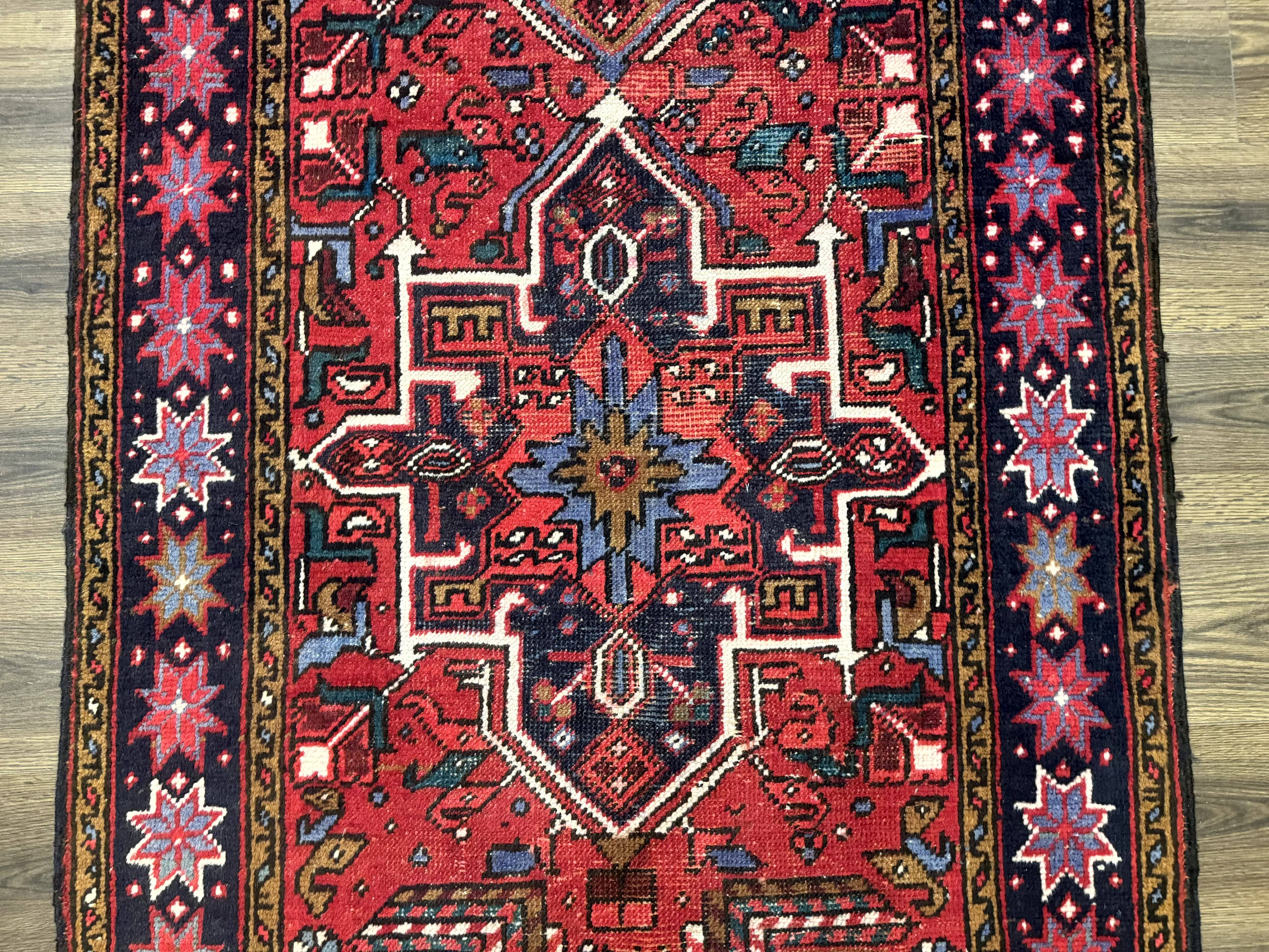 Persian Heriz Karajeh Runner Rug 3.7 x 12, Geometric Medallions, Red and Navy Blue - Jewel Rugs