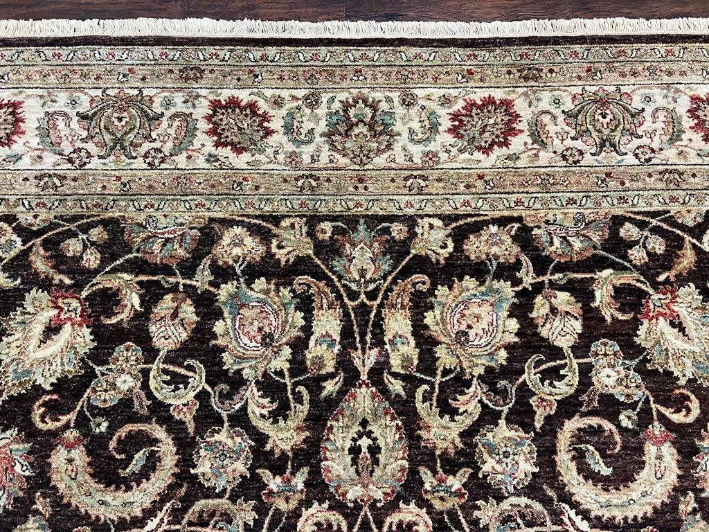 Indo Persian Rug 9x12, Vintage Indian Oriental Carpet 9 x 12 ft, Brown and Cream Hand Knotted Area Rug, Floral Allover Wool Traditional Rug - Jewel Rugs