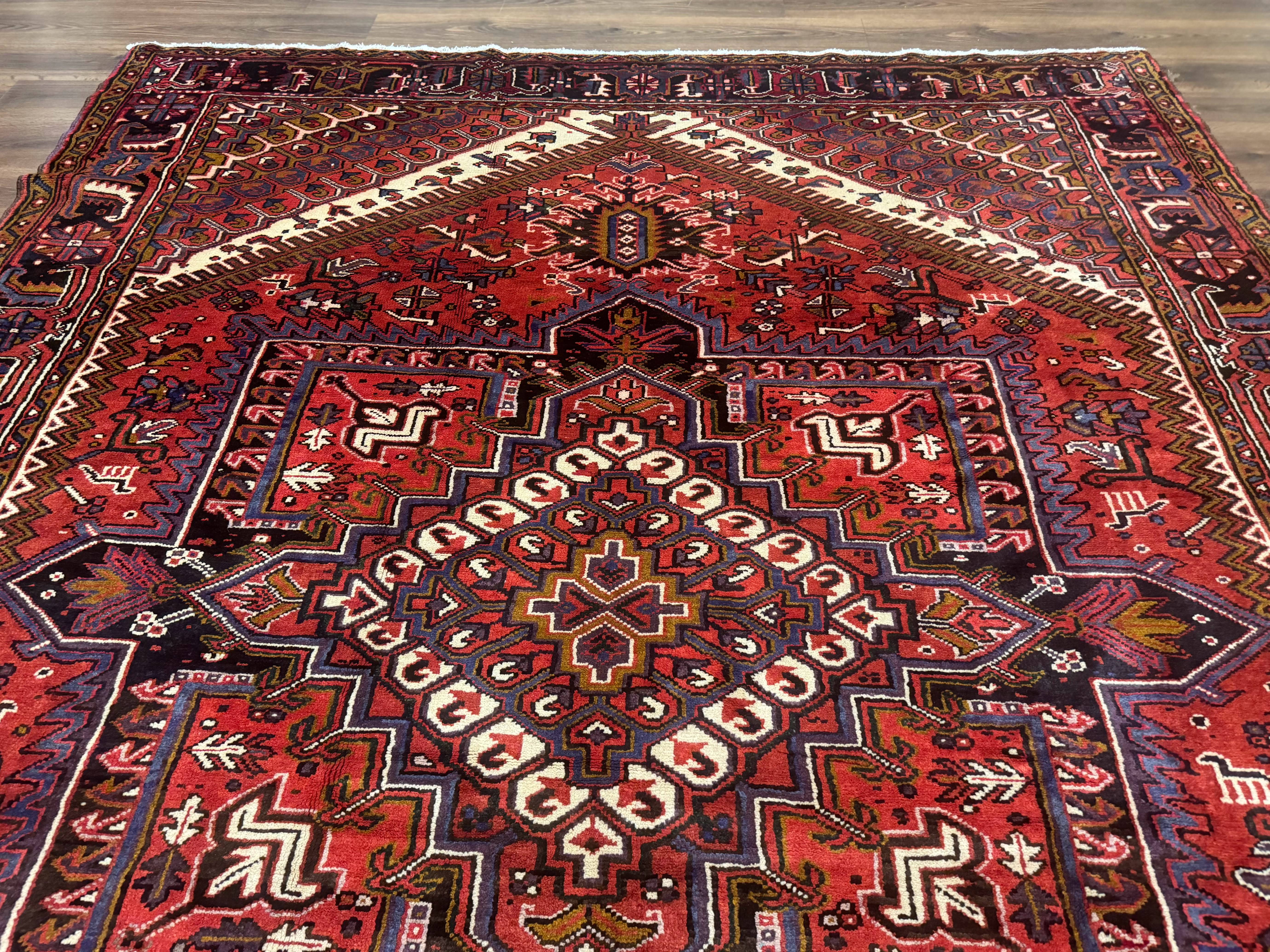 Persian Heriz Rug 8.6 x 11, Geometric Design, Red, Vintage - Jewel Rugs