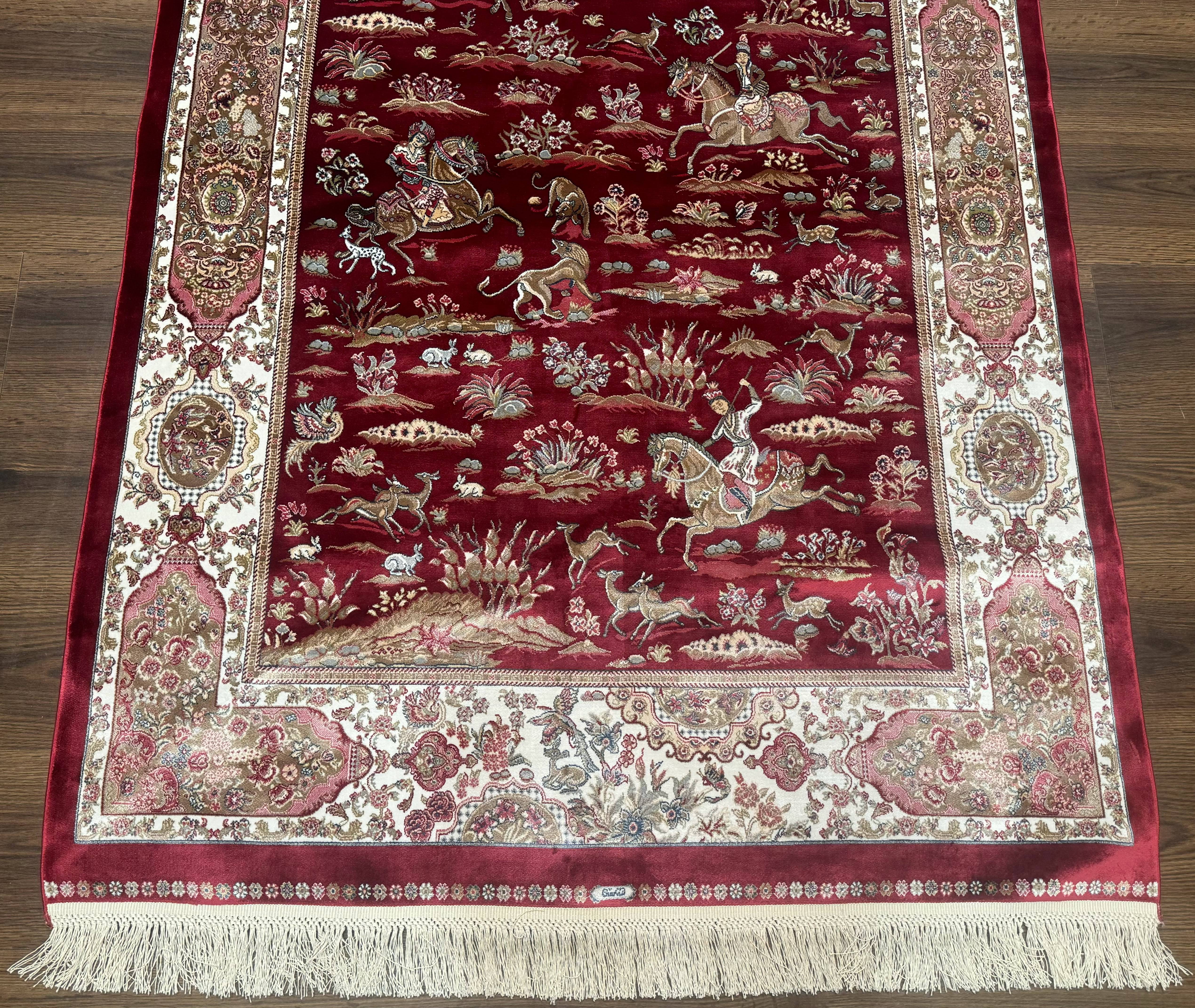 Turkish Silk Hunting Design Rug 4x6, Dark Red & Ivory, Bamboo Silk, New - Jewel Rugs
