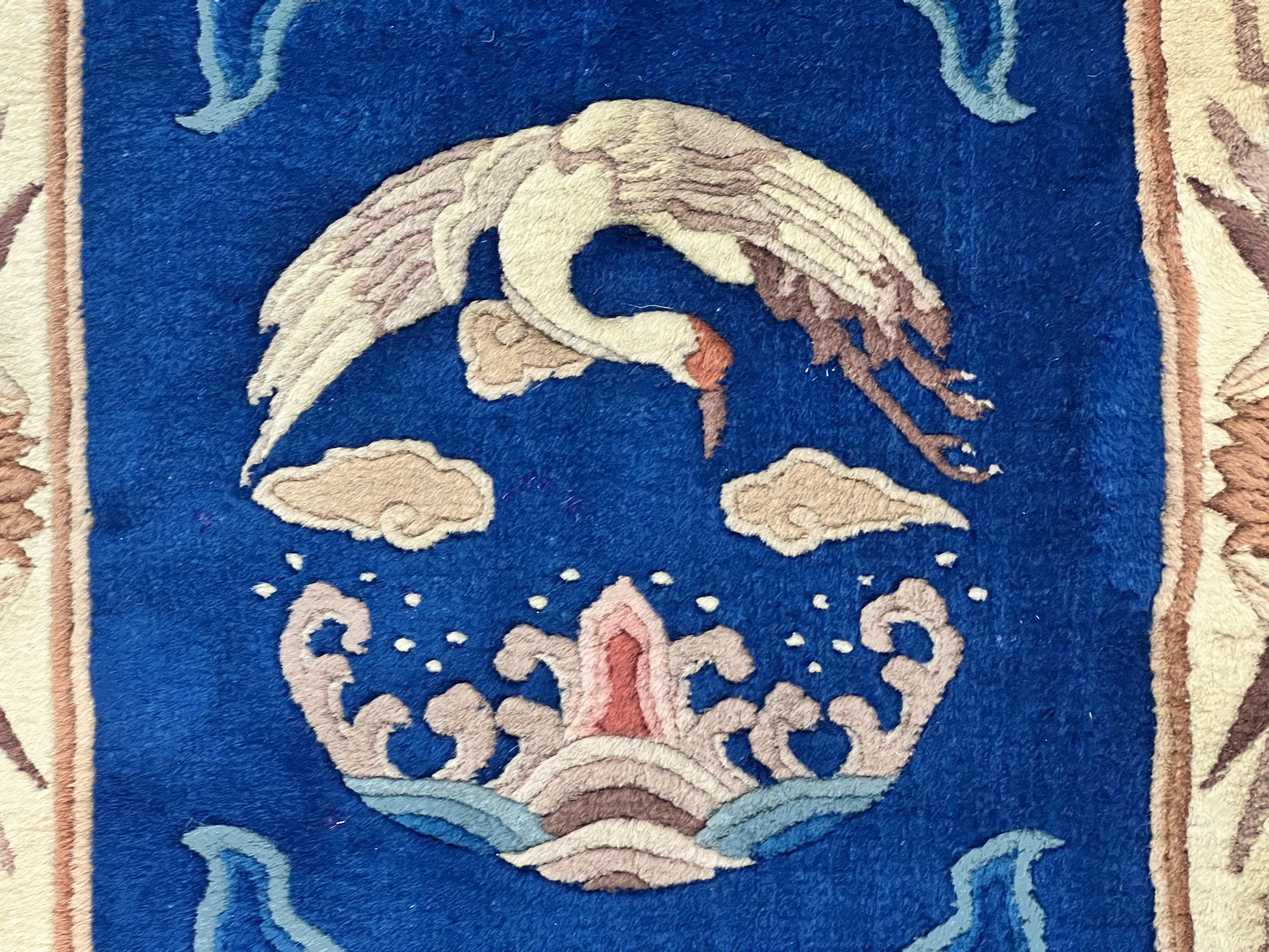 Chinese Wool Runner Rug 2x11, Blue and Beige, Swans, Handmade Vintage Asian Oriental Chinese Carving Rug, Art Deco 2 x 11 ft - Jewel Rugs