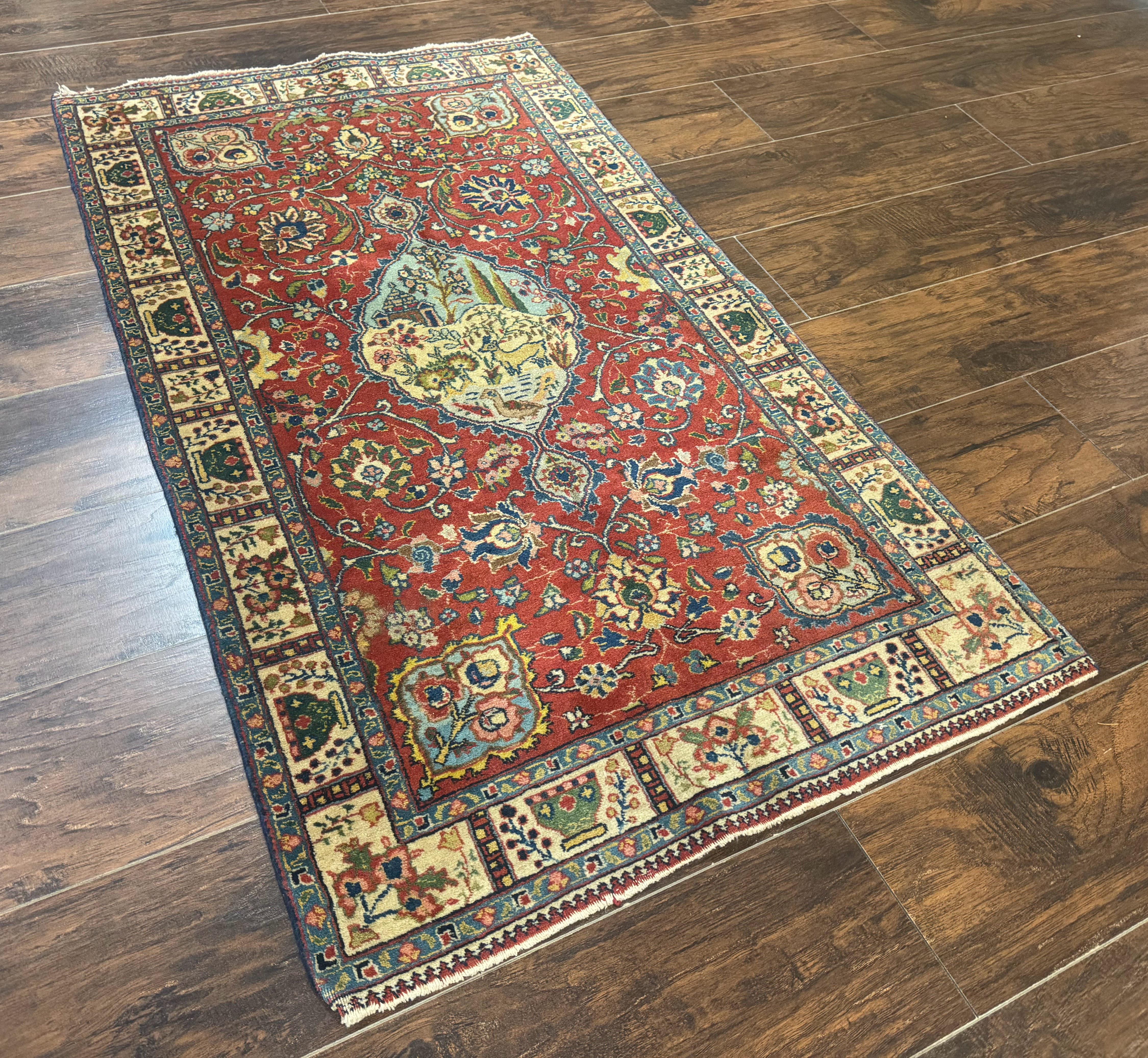 Small Persian Tabriz Rug 2.8 x 4.7, Red, Animal Pictorials, Semi Antique Vintage - Jewel Rugs