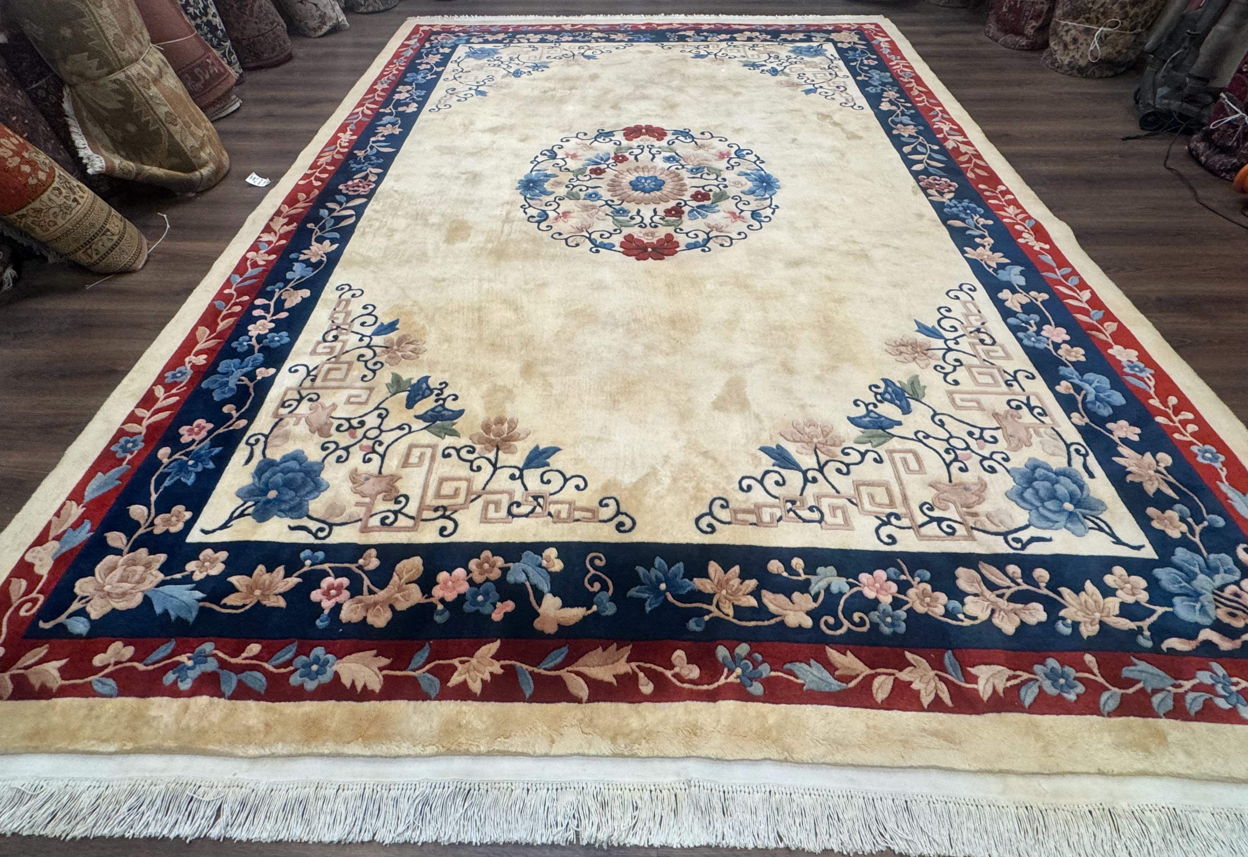 Chinese Rug 10x14 – Cream and Navy, 90 Line Vintage Wool Carpet - Jewel Rugs