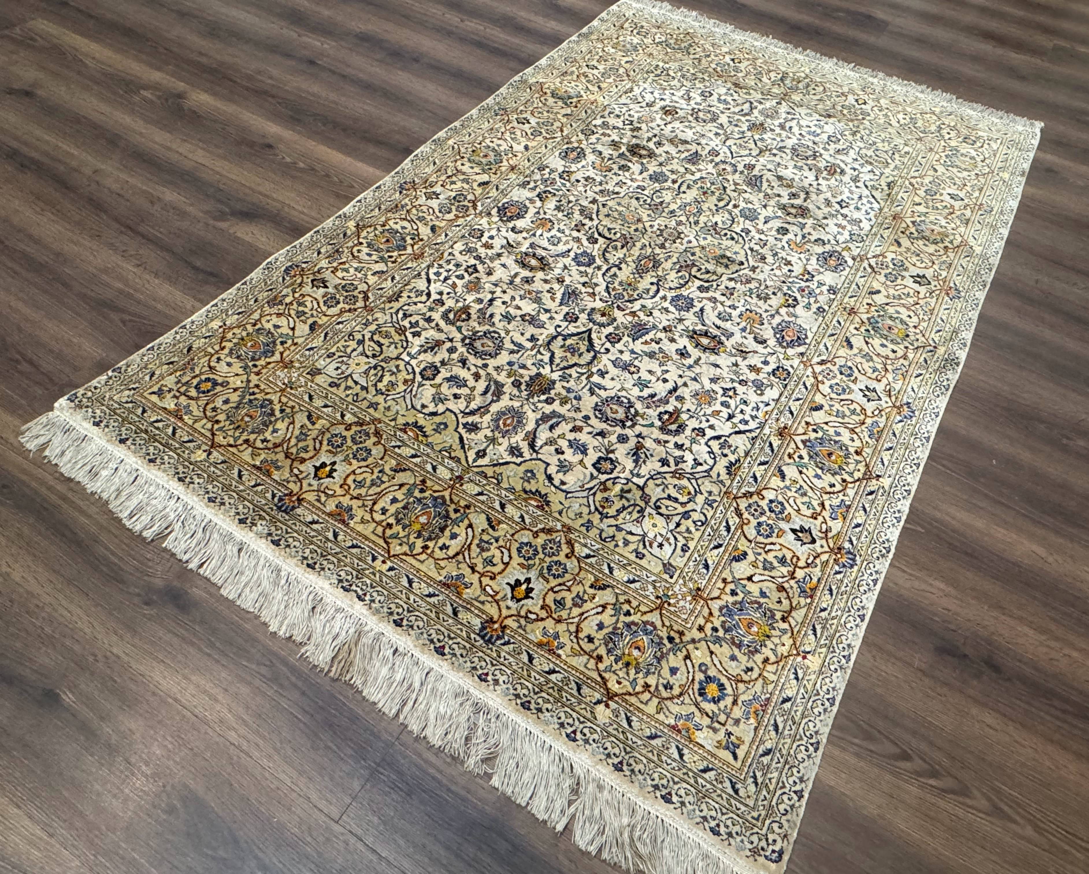 Rare Silk Persian Kashan Rug 4.6 x 7, Antique Fine 310 KPSI, Ivory - Jewel Rugs