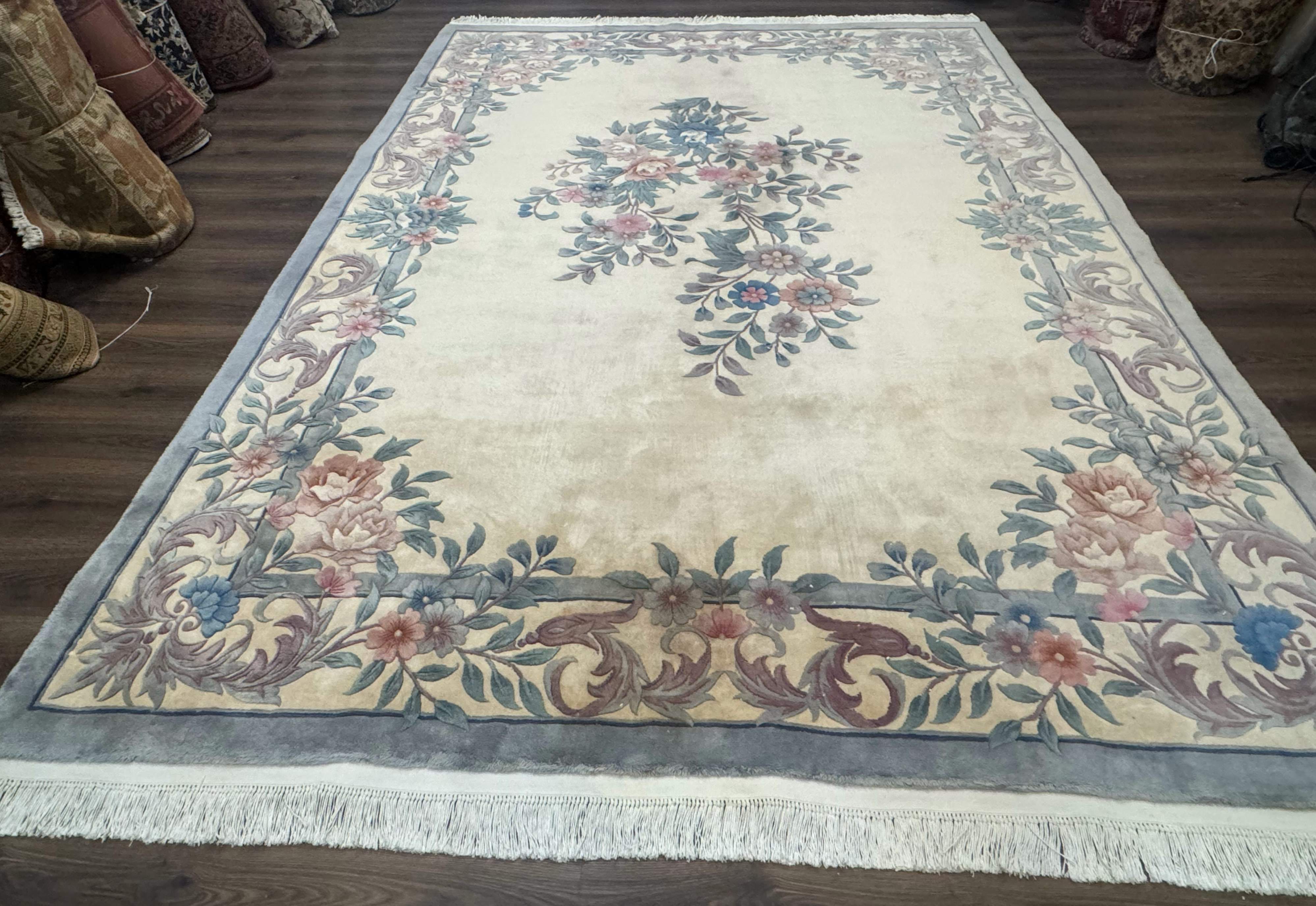 Chinese Wool Rug 9x12 – Ivory, Hand-Knotted Wool Vintage 90 Line Carpet - Jewel Rugs
