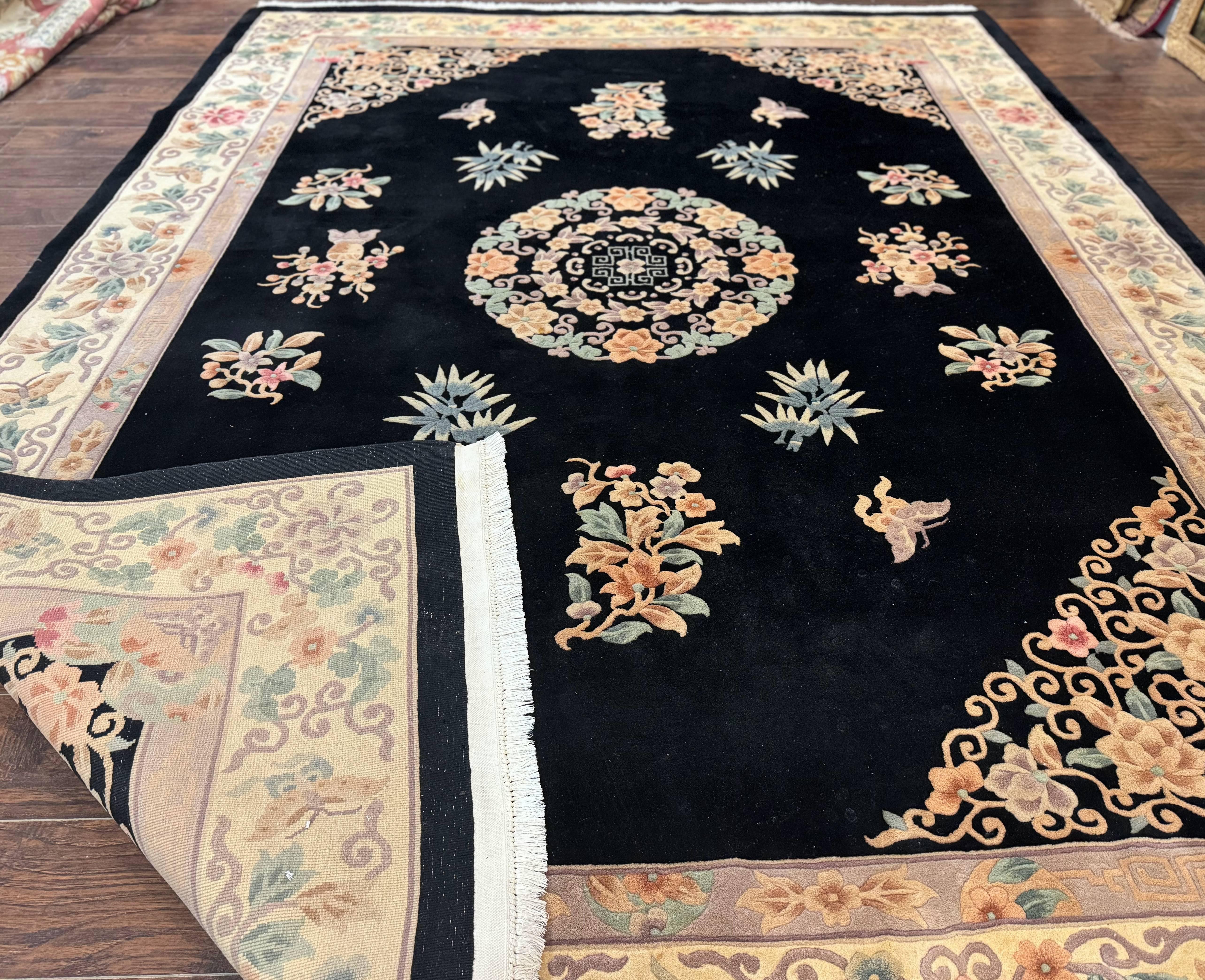 Chinese Wool Rug 9x12, Chinese Carving Carpet, Floral Medallion, Black and Beige, Butterflies, Vintage Asian Oriental Rug, 90 Line Rug - Jewel Rugs