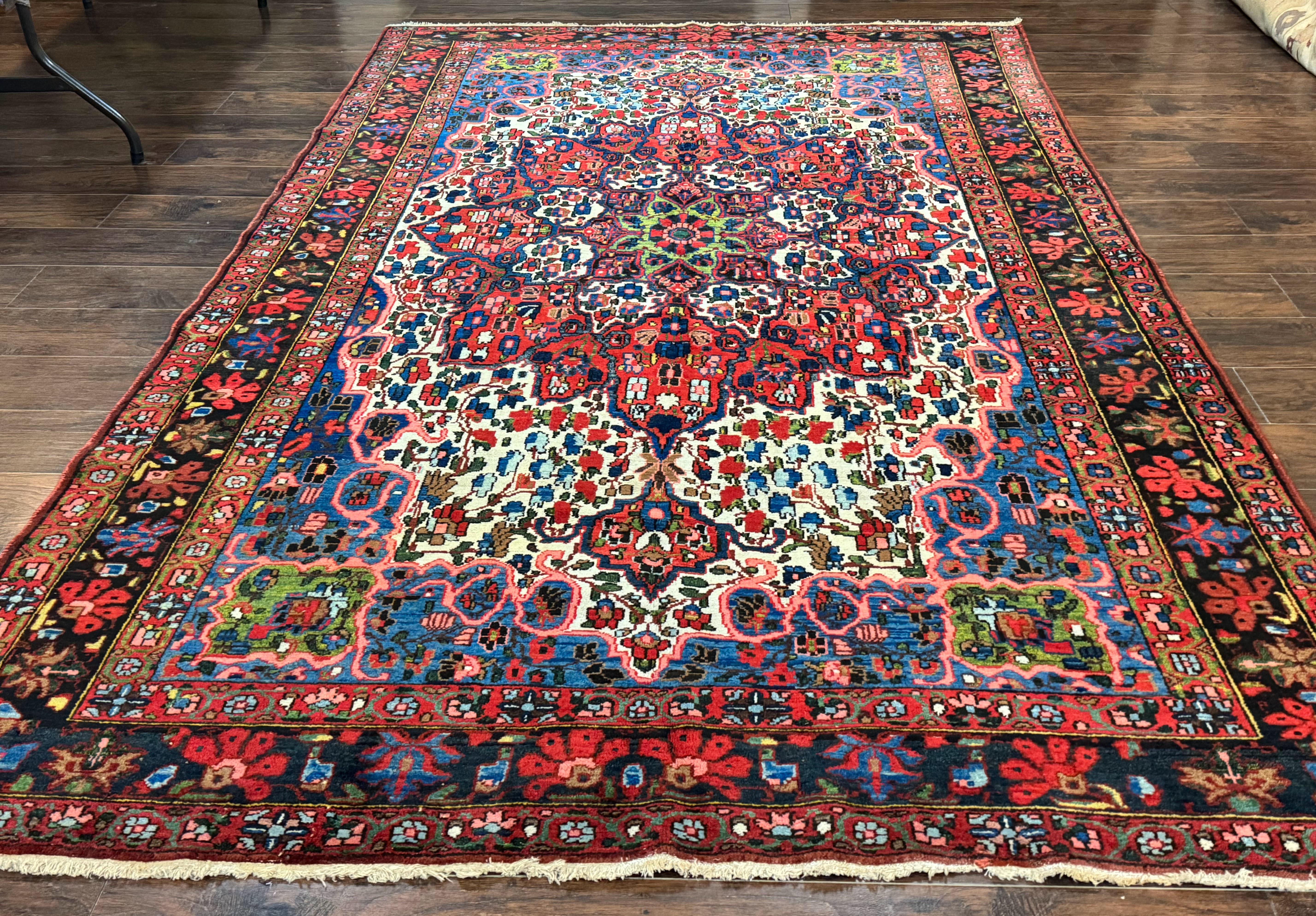 Persian Bakhtiari Rug 7x10, Antique Persian Carpet, Colorful, Great Colors, Ivory Red Blue, Rare Tribal Rug - Jewel Rugs