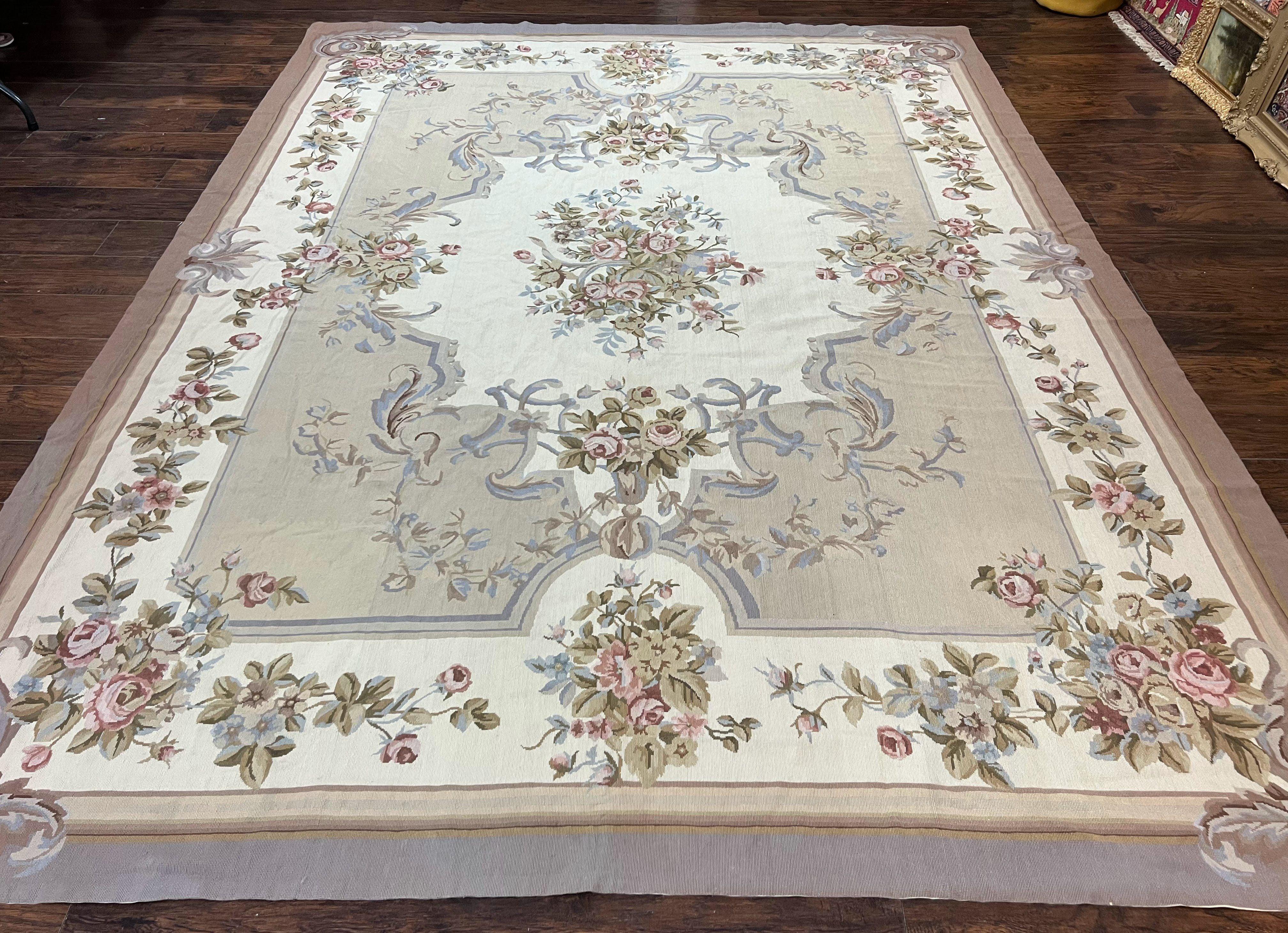 Aubusson Needlepoint Rug 9x12, VIntage Handmade Wool Beige Floral European Elegant Rug 9 x 12, Floral Roses - Jewel Rugs