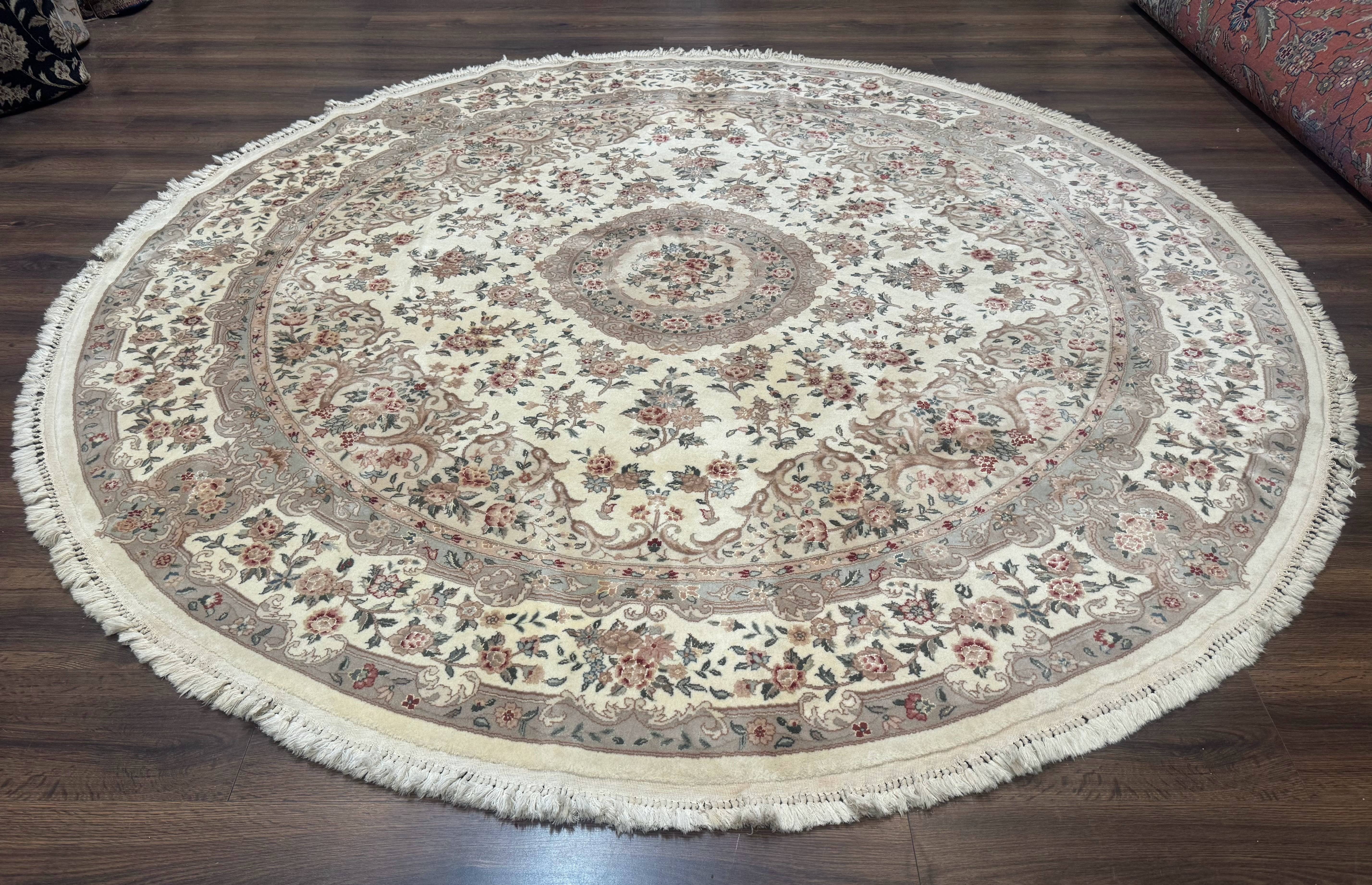 Round Sino Persian Rug 8x8 ft, Wool and Silk, Fine 200 KPSI, Ivory - Jewel Rugs