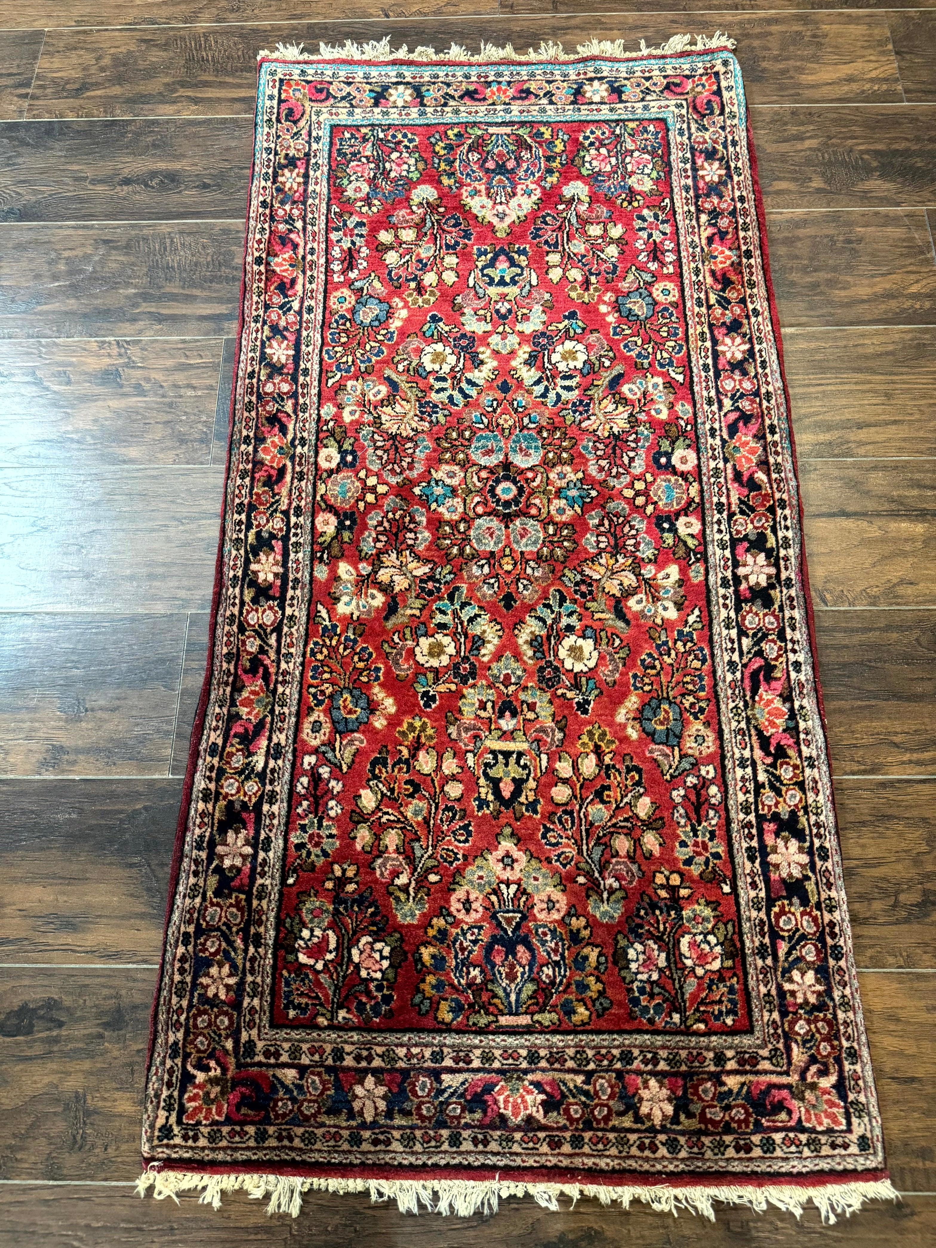 Antique Persian Sarouk Rug 2x5, Floral, Red, Antique Wool Rug - Jewel Rugs