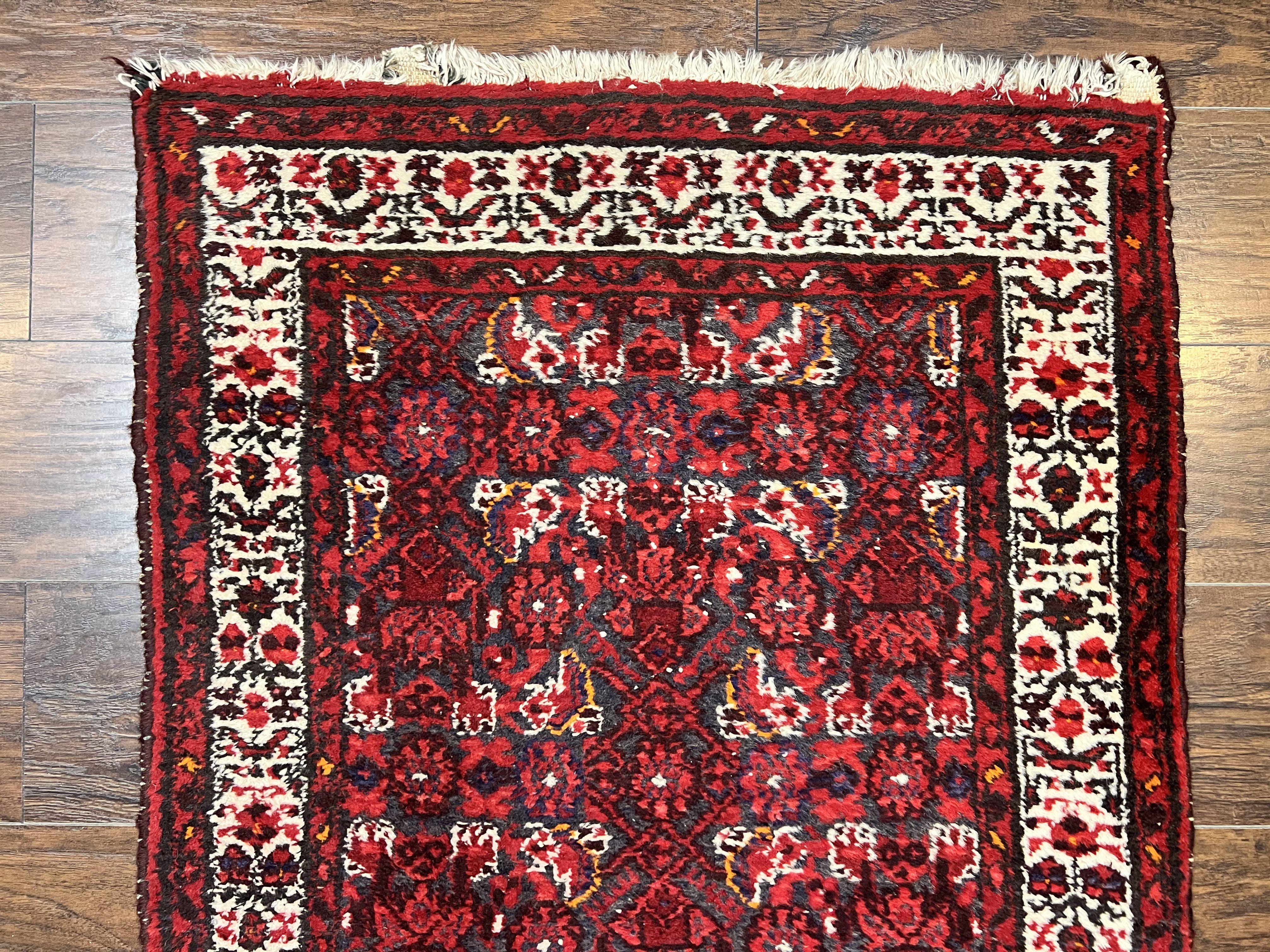 Persian Tribal Runner 3 x 9, Hamadan Dargazin Rug, Dark Blue and Red Wool Hand Knotted Hallway Rug, Vintage Antique Oriental Runner, 9ft Long Runner, Herati - Jewel Rugs