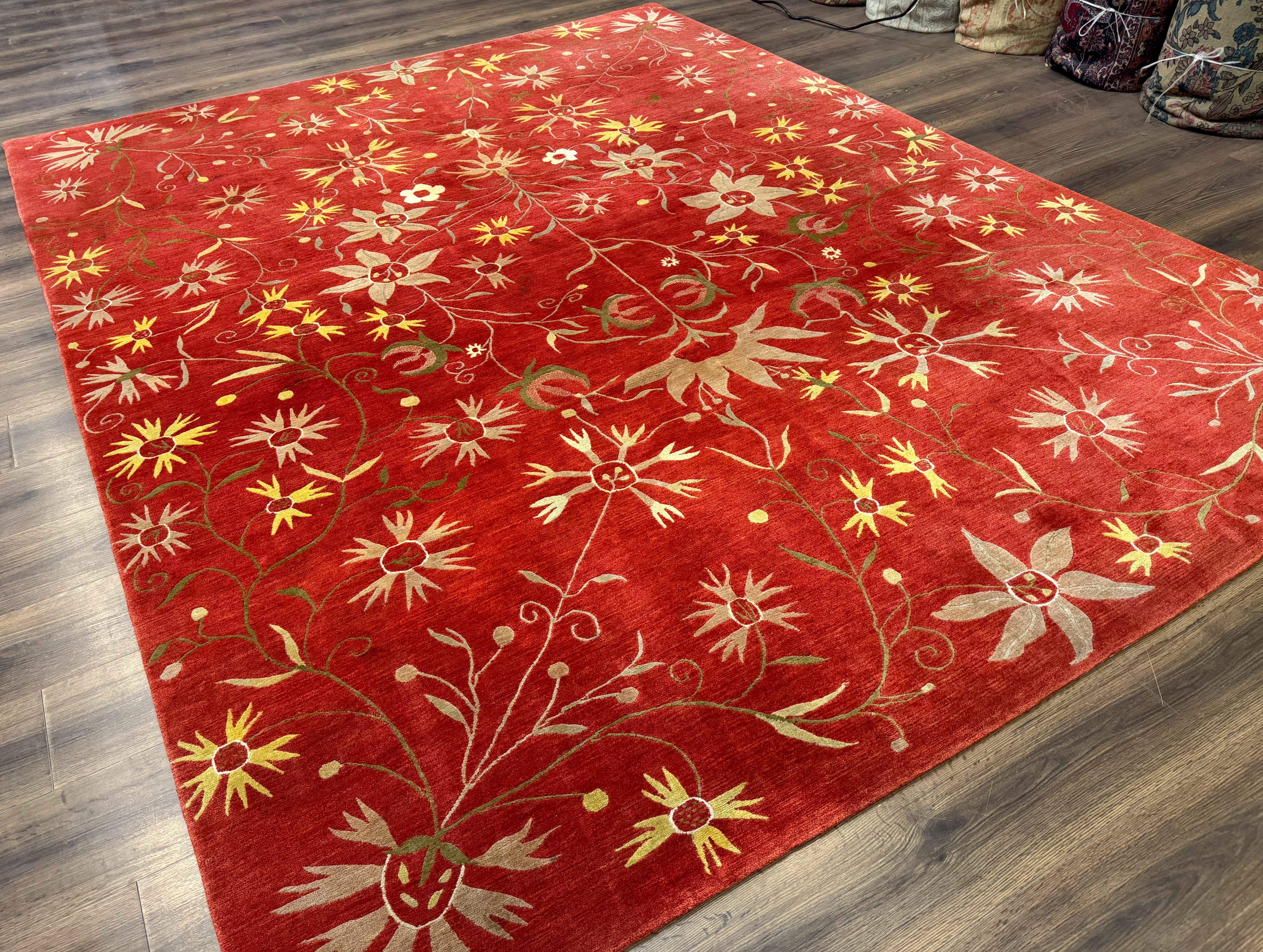 Tibetan Rug 8x10, Odegard Carpet, Hand-Knotted, Rust Red, Wool with Silk Highlights - Jewel Rugs