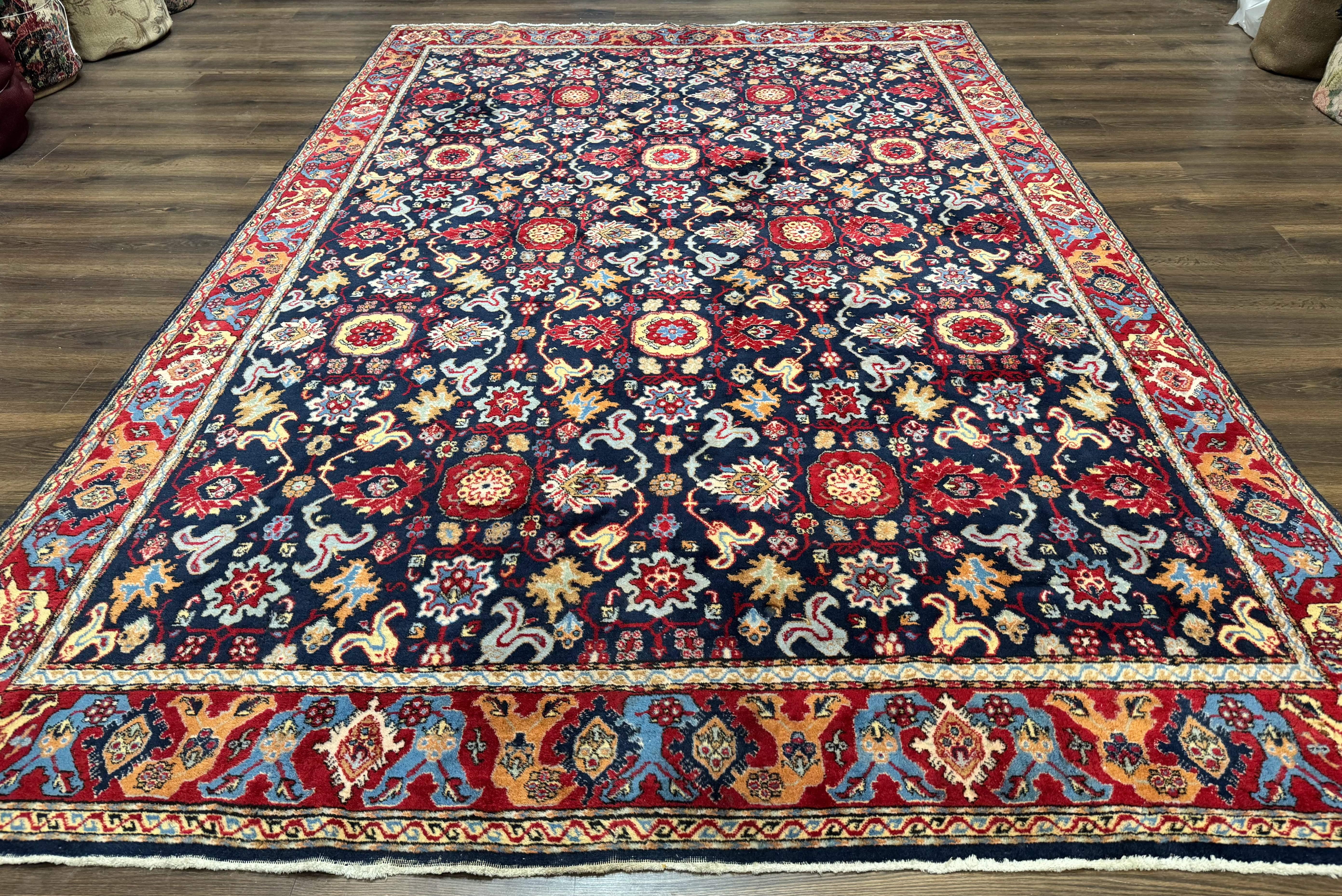 Persian Sarouk Mahal Rug 7x11, Navy Blue Multicolor Colorful Persian Carpet, Mina Khani Allover Pattern, Vintage Persian Rug - Jewel Rugs