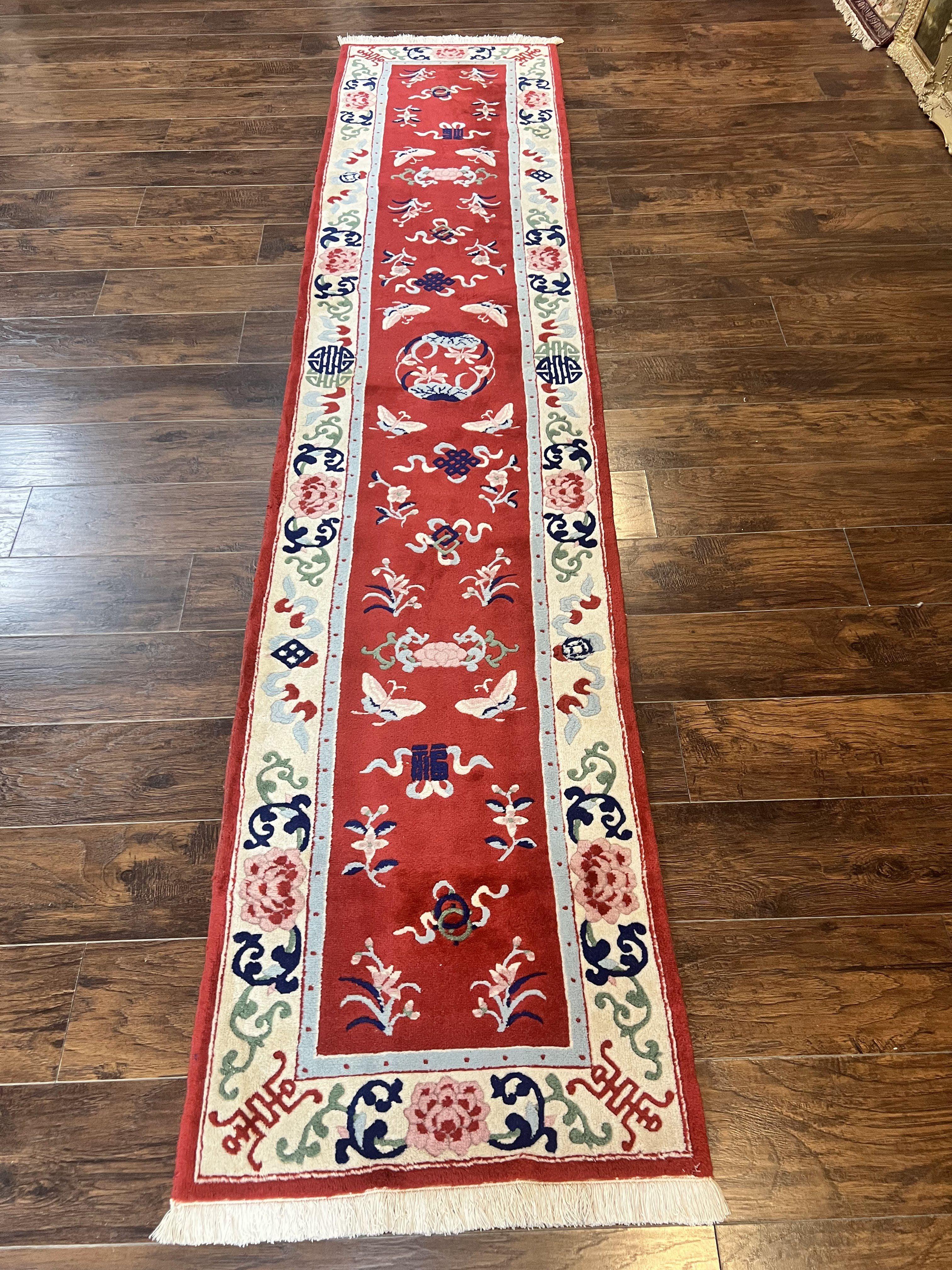 Chinese Wool Runner Rug 2x11, Red and Cream, Butterflies, Handmade Vintage Wool Asian Oriental Carpet 2 x 11, Chinese Carving Rug, 120 Line - Jewel Rugs