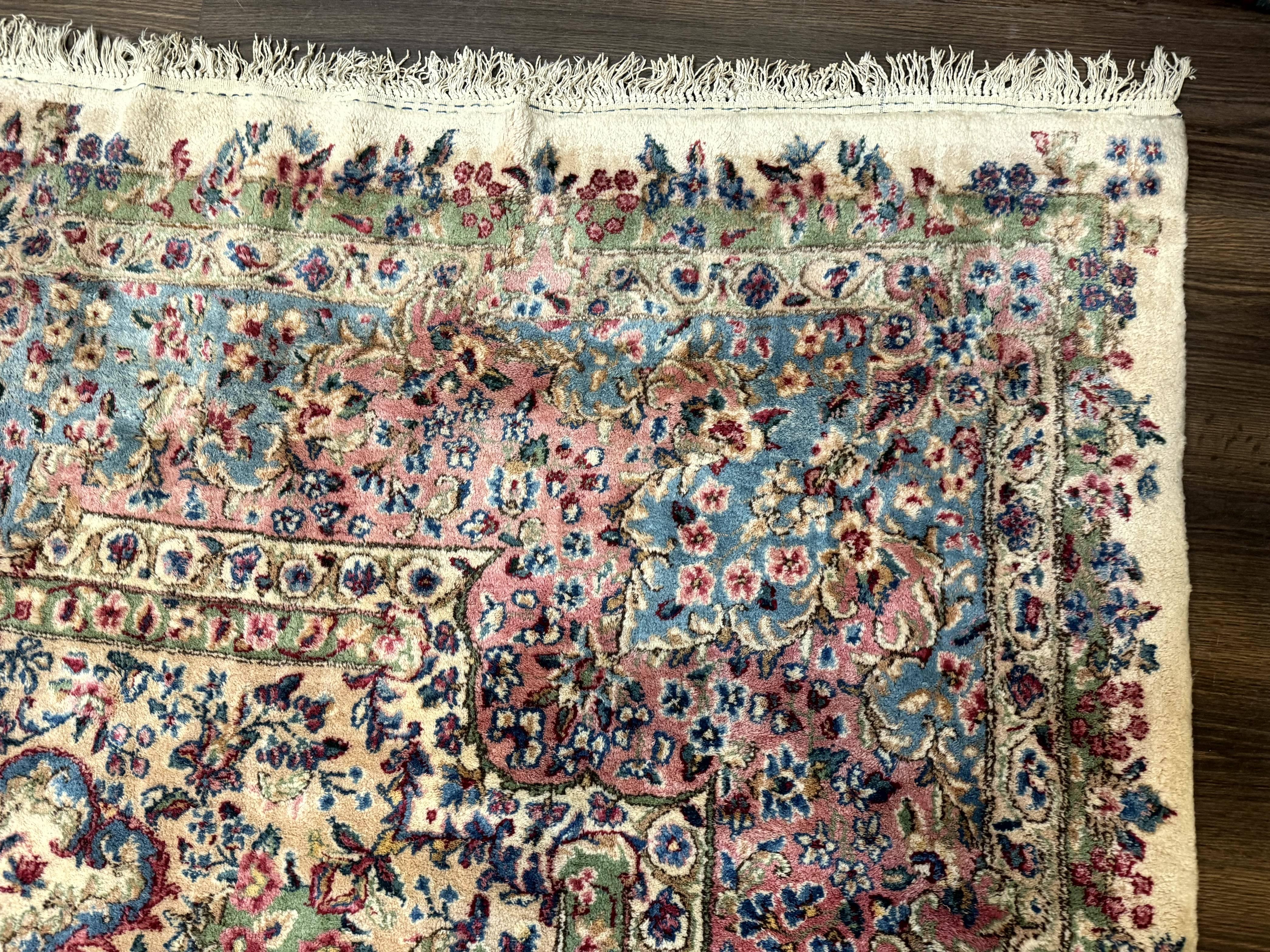 Palace Size Persian Kerman Rug 11x20 ft, Very Fine 340 KPSI, Vintage Oversized Wool Handmade Large Persian Carpet, Beige Light Blue Pink - Jewel Rugs