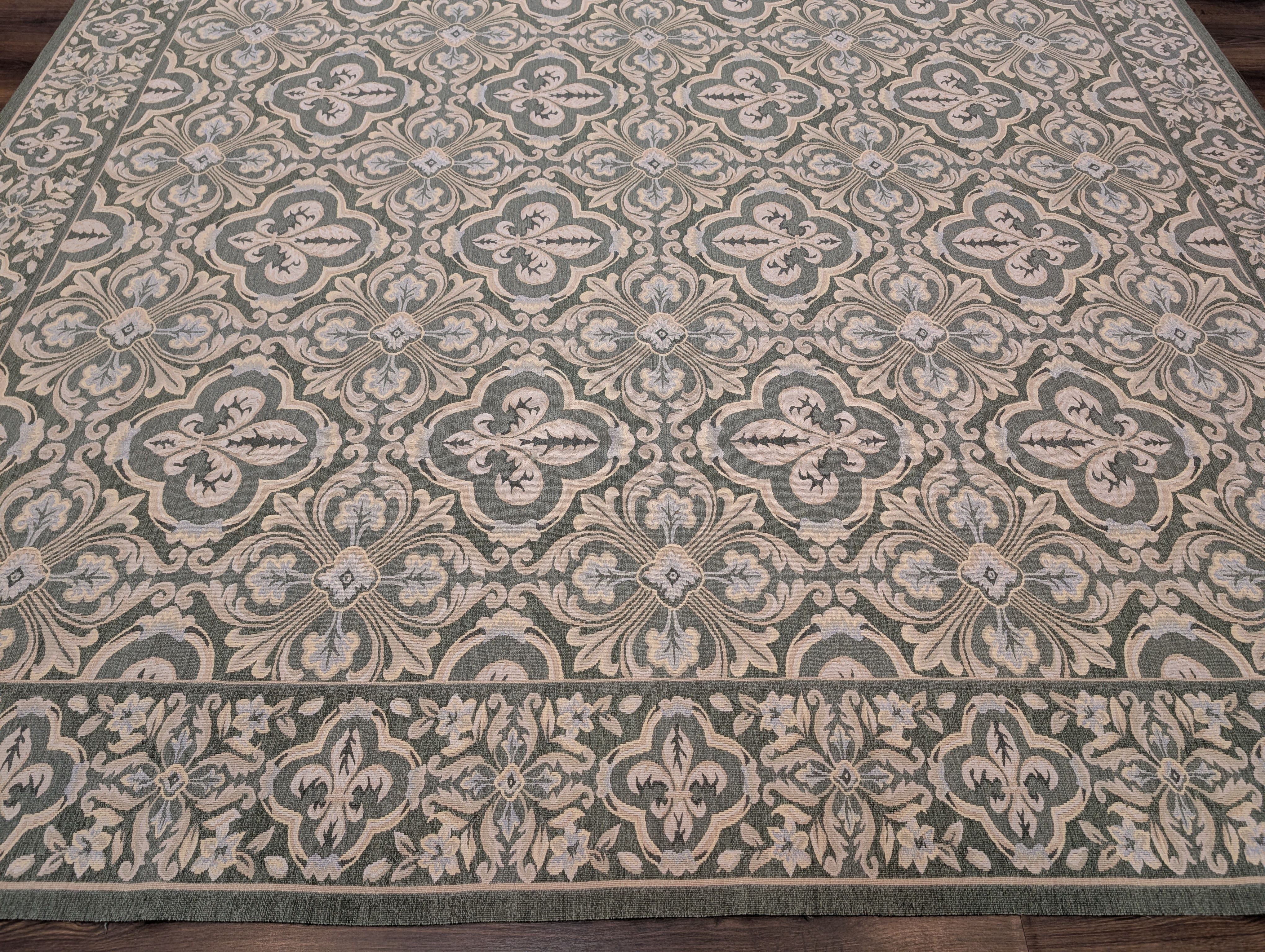 Green Aubusson Rug 9x12, European Design, Wool - Jewel Rugs