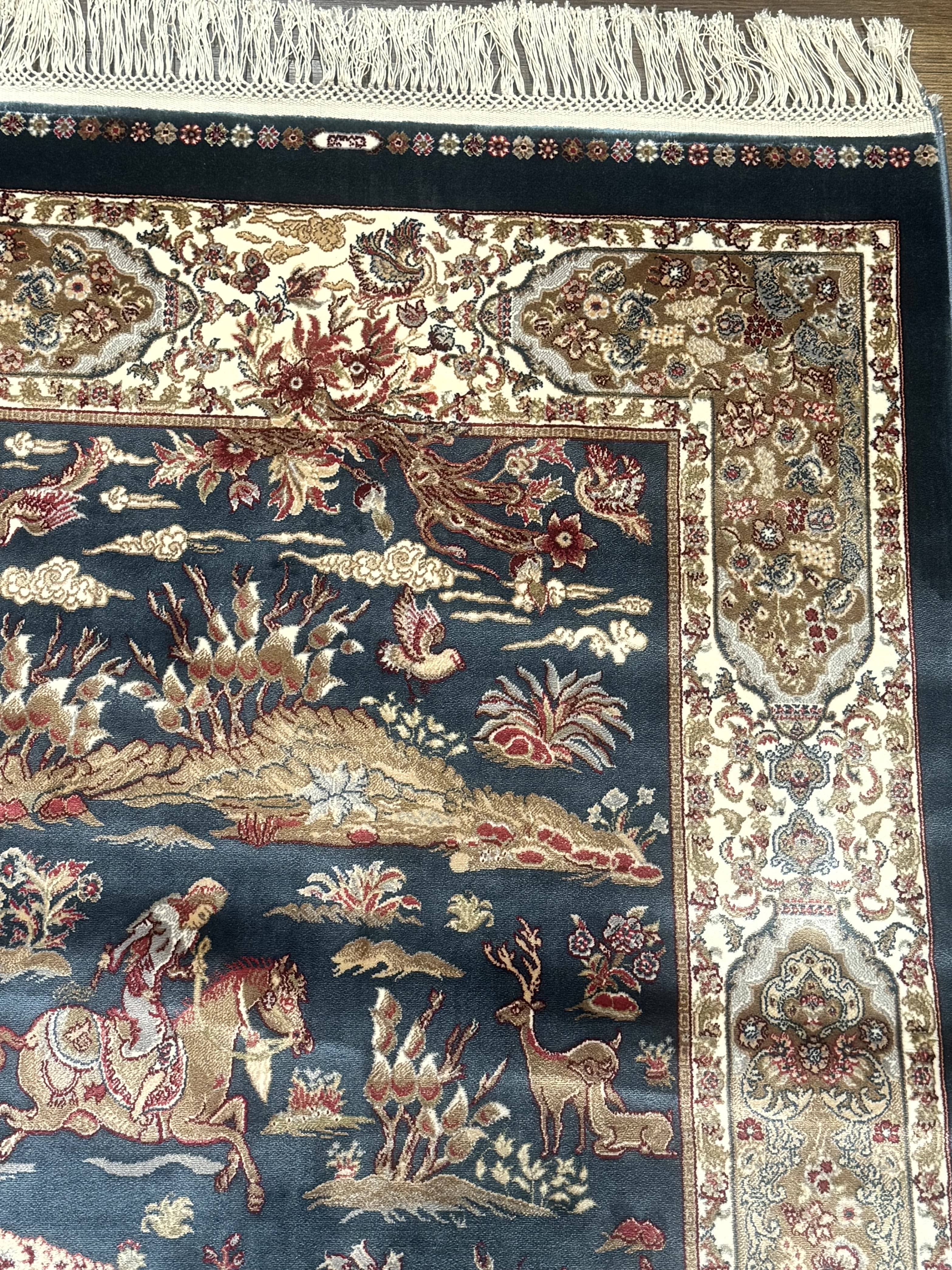 Turkish Silk Hunting Scene Rug 2.6 x 5, Dark Steel Blue & Ivory, Bamboo Silk, New - Jewel Rugs