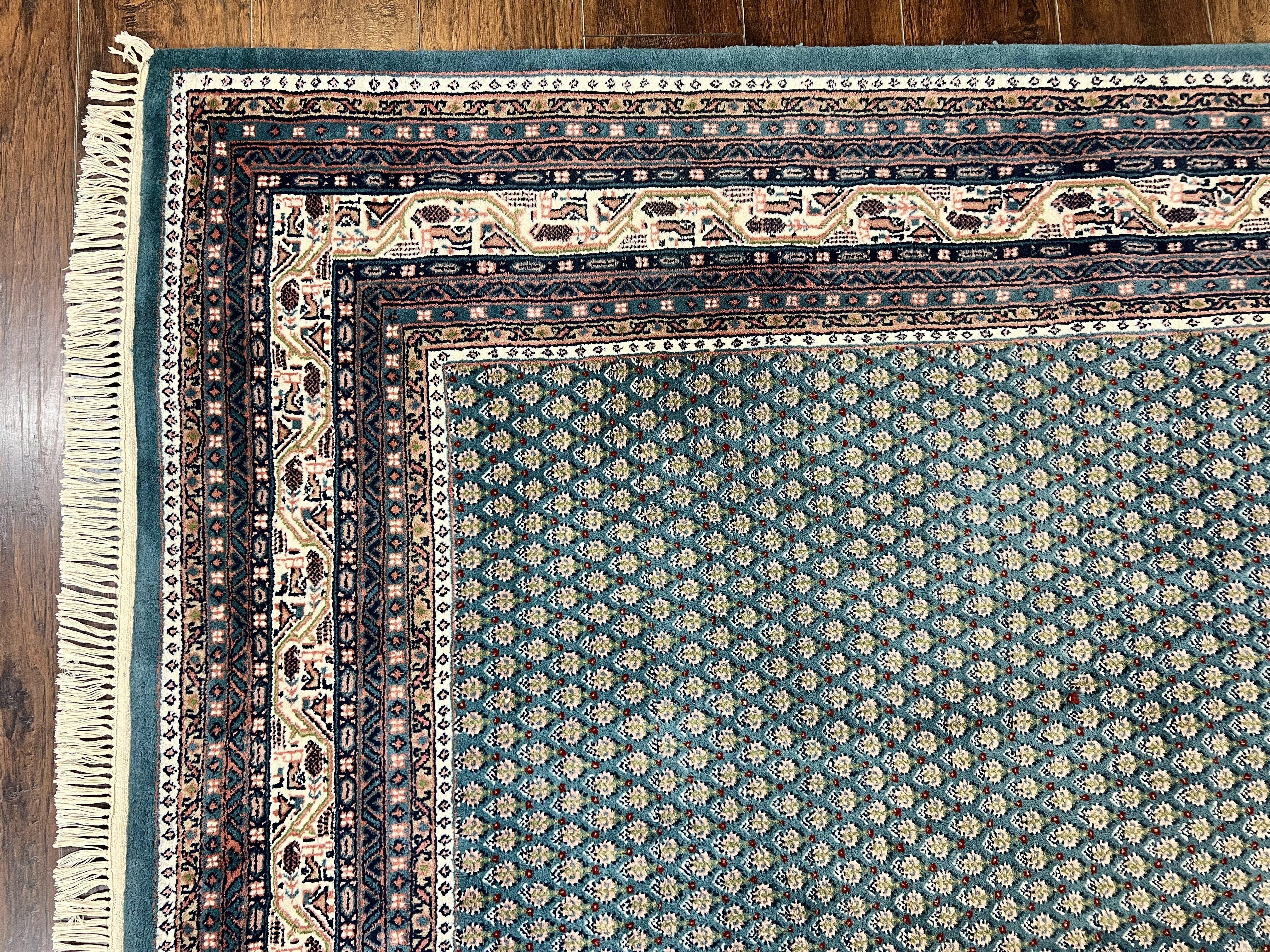 Indo Persian Sarouk Mir Rug 9x12, Green and Cream/Beige, Repeated Boteh Paisley Design, Soft Wool Handmade Hand Knotted Indian Oriental Rug - Jewel Rugs