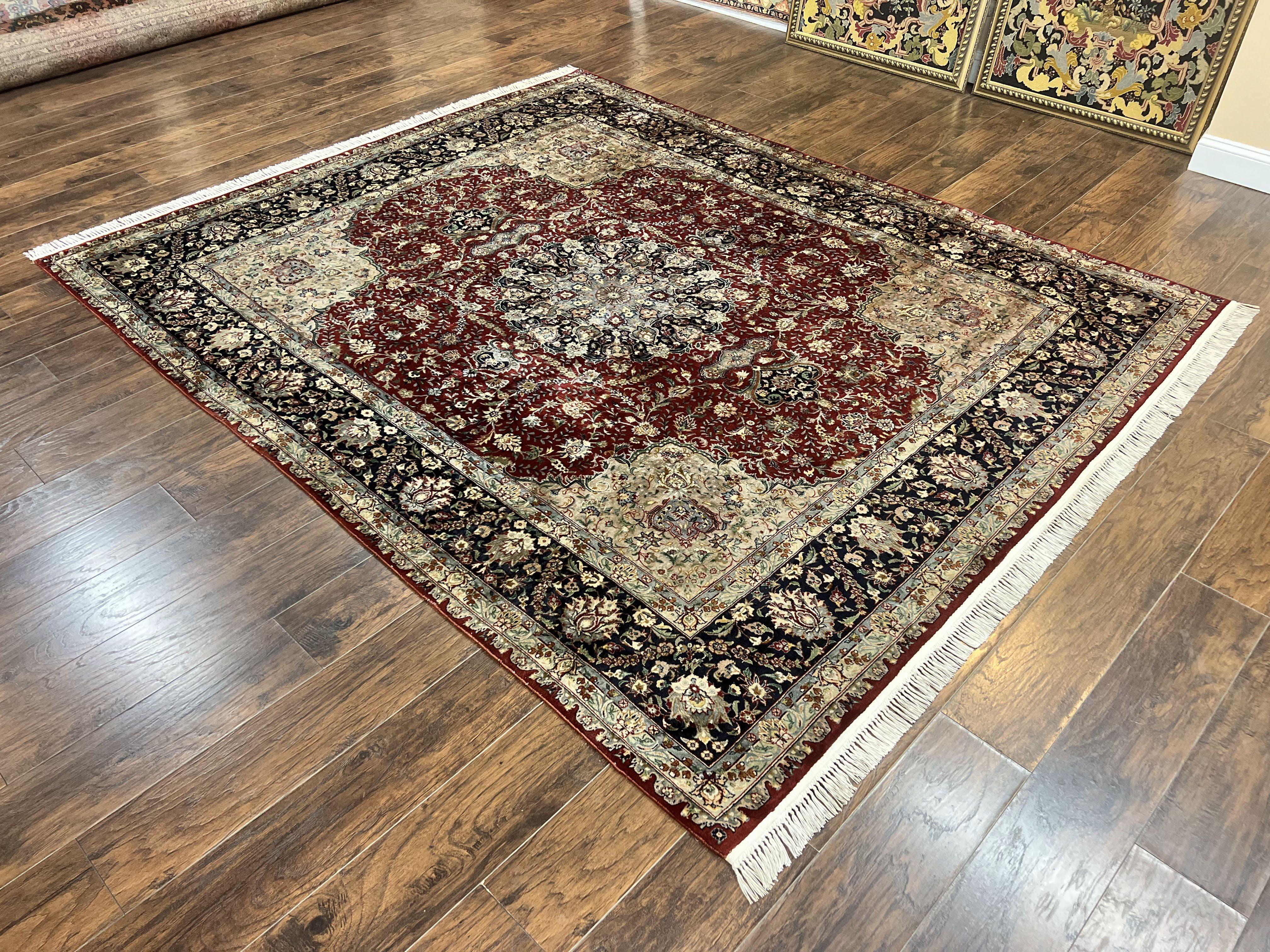 Pak Persian Rug 8x10, Wool Hand Knotted Vintage Carpet, Dark Red & Navy Blue, Dome Design Floral Medallion Rug, 8 x 10 Oriental Rug - Jewel Rugs