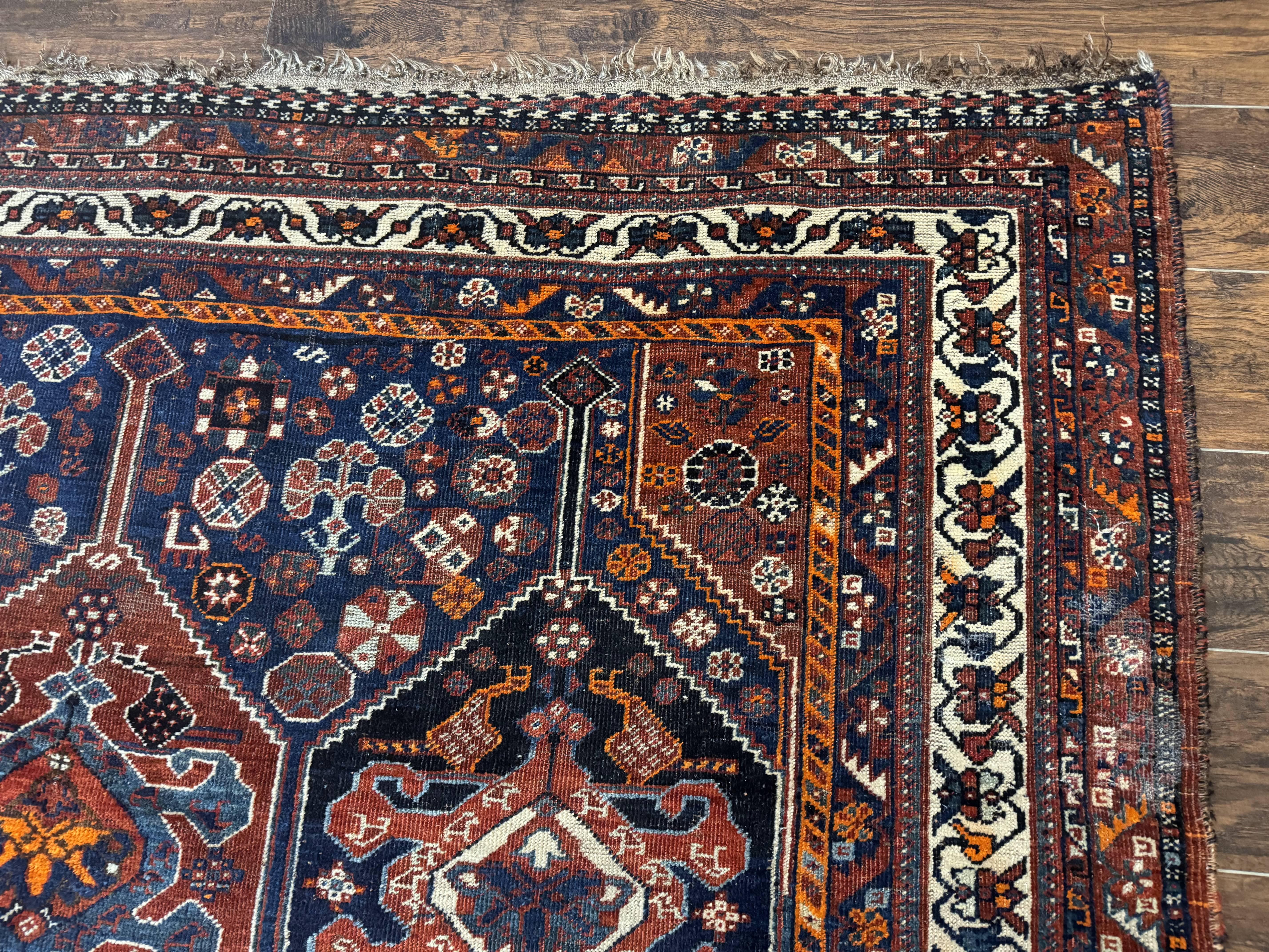 Persian Tribal Rug 7x10, Panel Design, Wool on Wool, Dark Blue, Antique Persian Carpet, Persian Shiraz Rug - Jewel Rugs