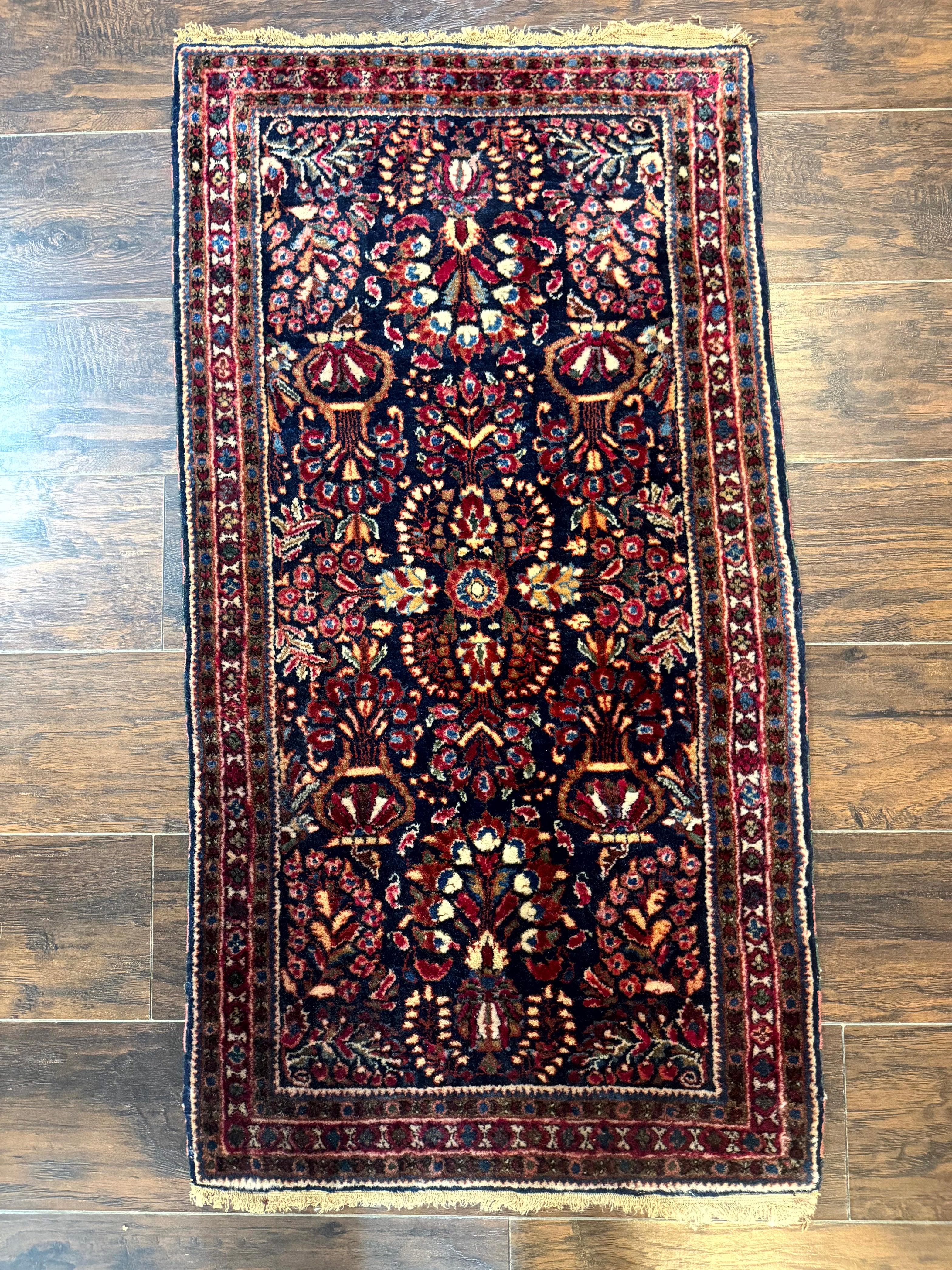 Small Navy Blue Persian Rug 2x4, Sarouk Rug, Rare Colors, Antique 1920s Wool Rug - Jewel Rugs