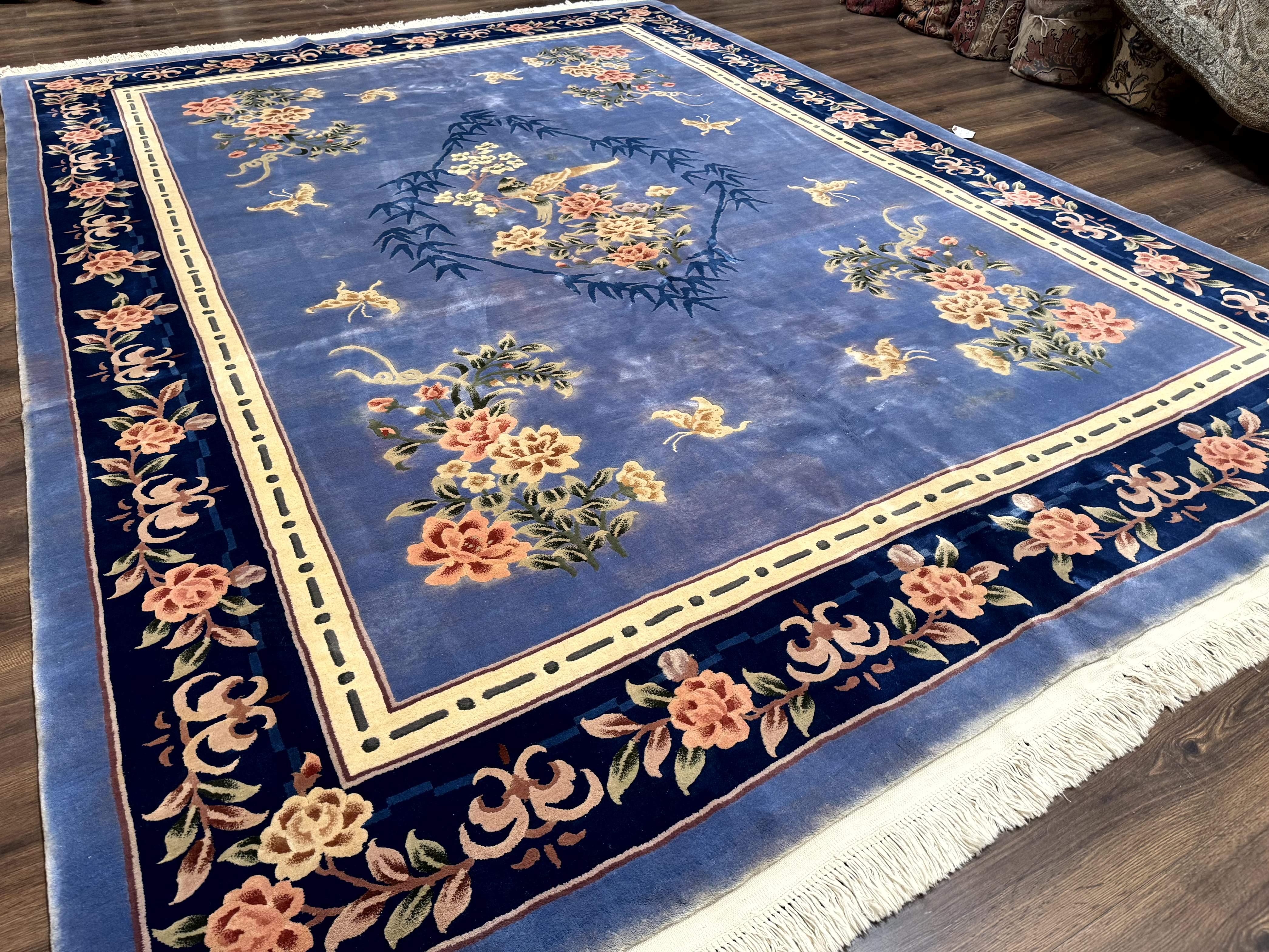 Blue Chinese Wool Rug 9x12, Art Deco Peking Asian Oriental Carpet, Floral Butterflies, 90 Line Rug - Jewel Rugs