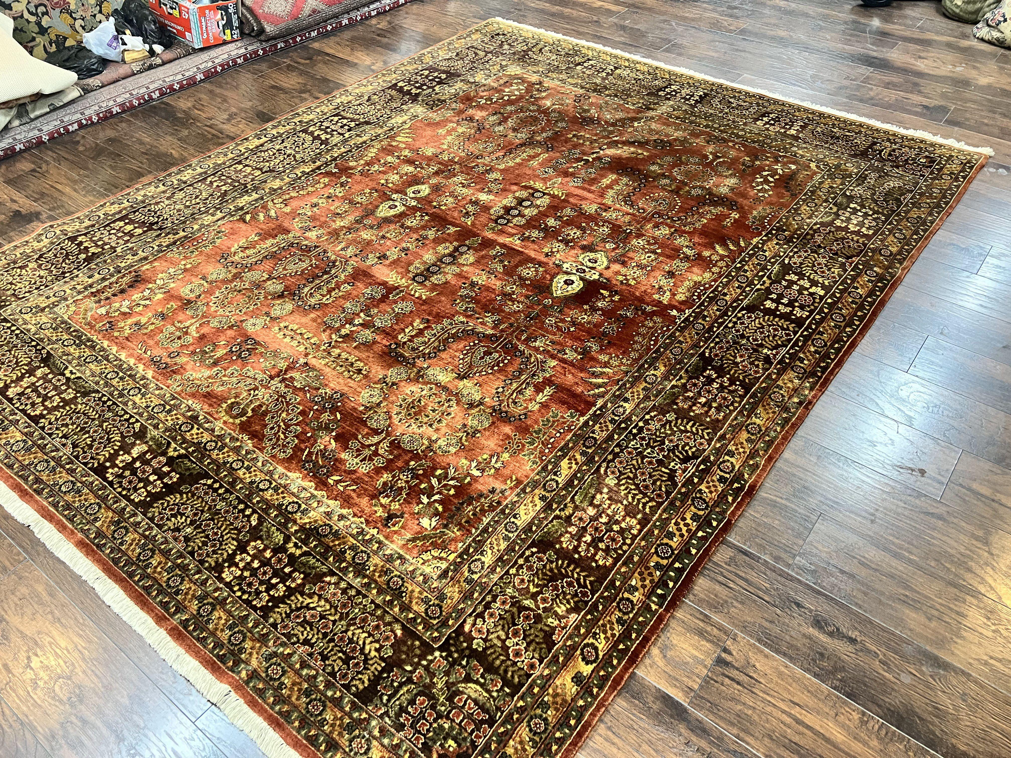 Indo Persian Sarouk Rug 8x10, Indian Oriental Carpet 8 x 10 ft, Red Handmade Wool Fine Floral Allover Vintage Rug, Traditional Rug - Jewel Rugs