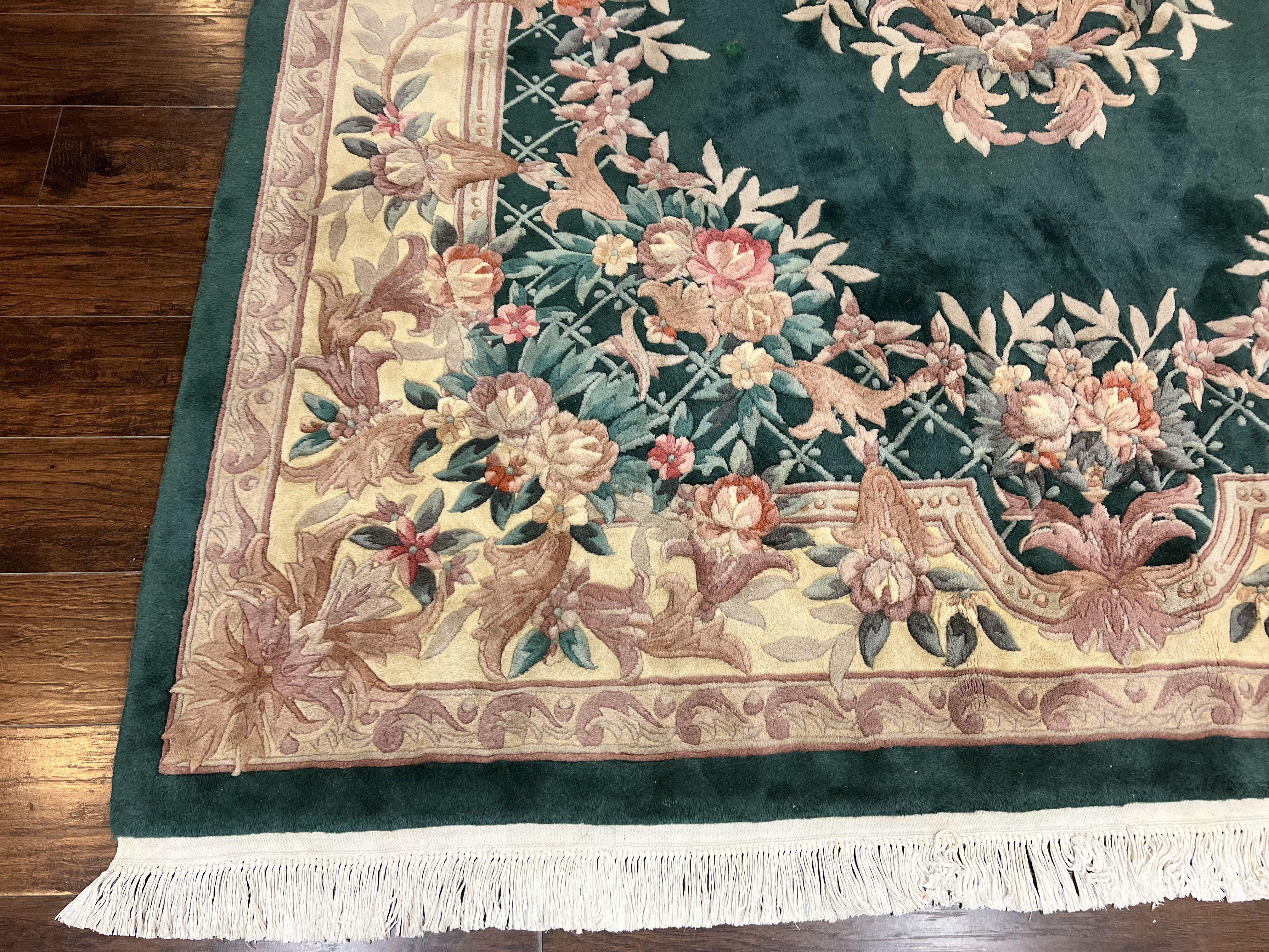 Chinese Wool Rug 9x11, Chinese Aubusson Carpet 9 x 11, Green and Cream, 120 Line, Handmade Room Sized Plush Pile, Vintage Rug - Jewel Rugs