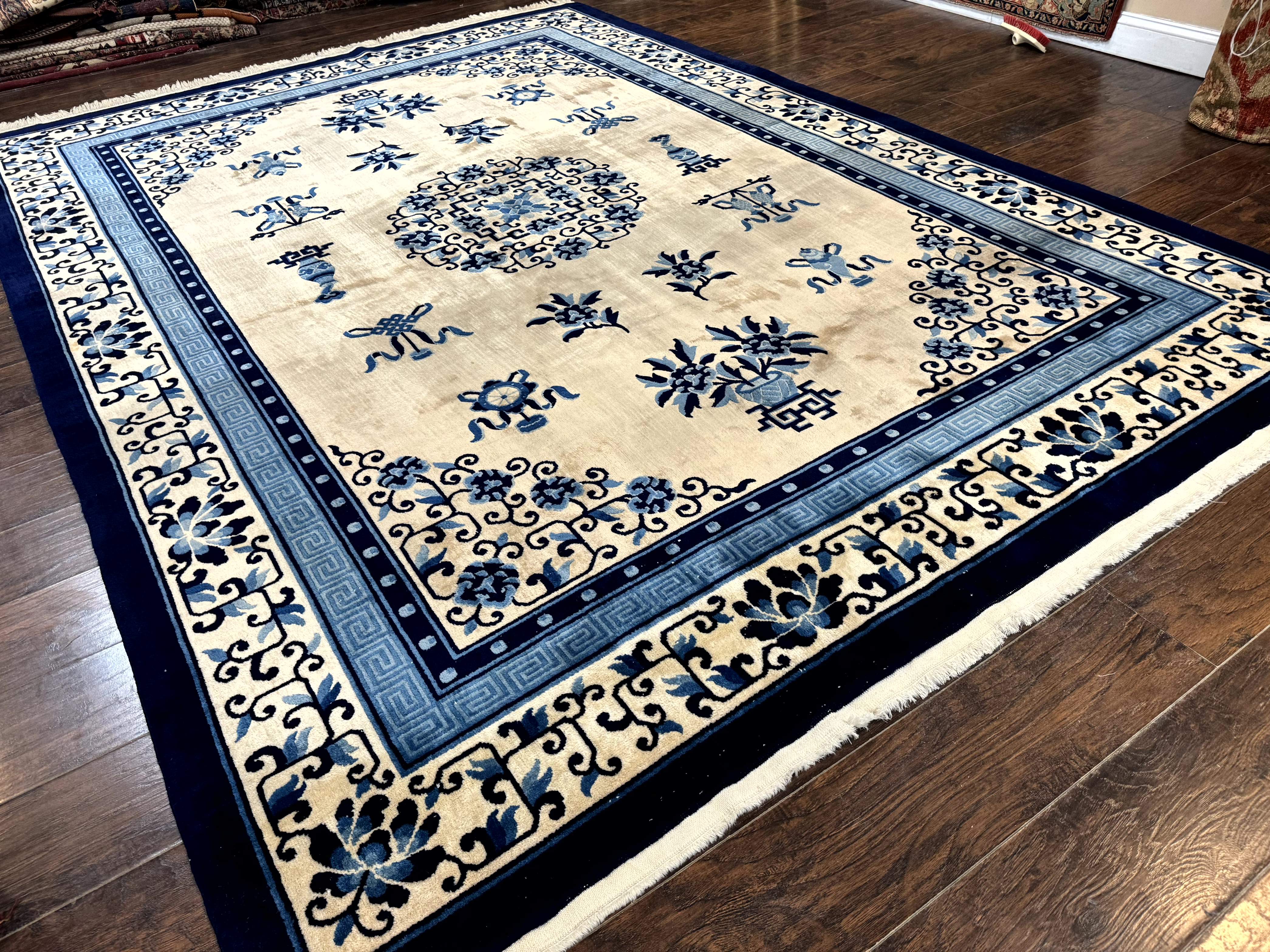 Chinese Peking Rug 8x11 – Ivory and Blue, Hand-Knotted Wool, Asian Oriental Carpet - Jewel Rugs