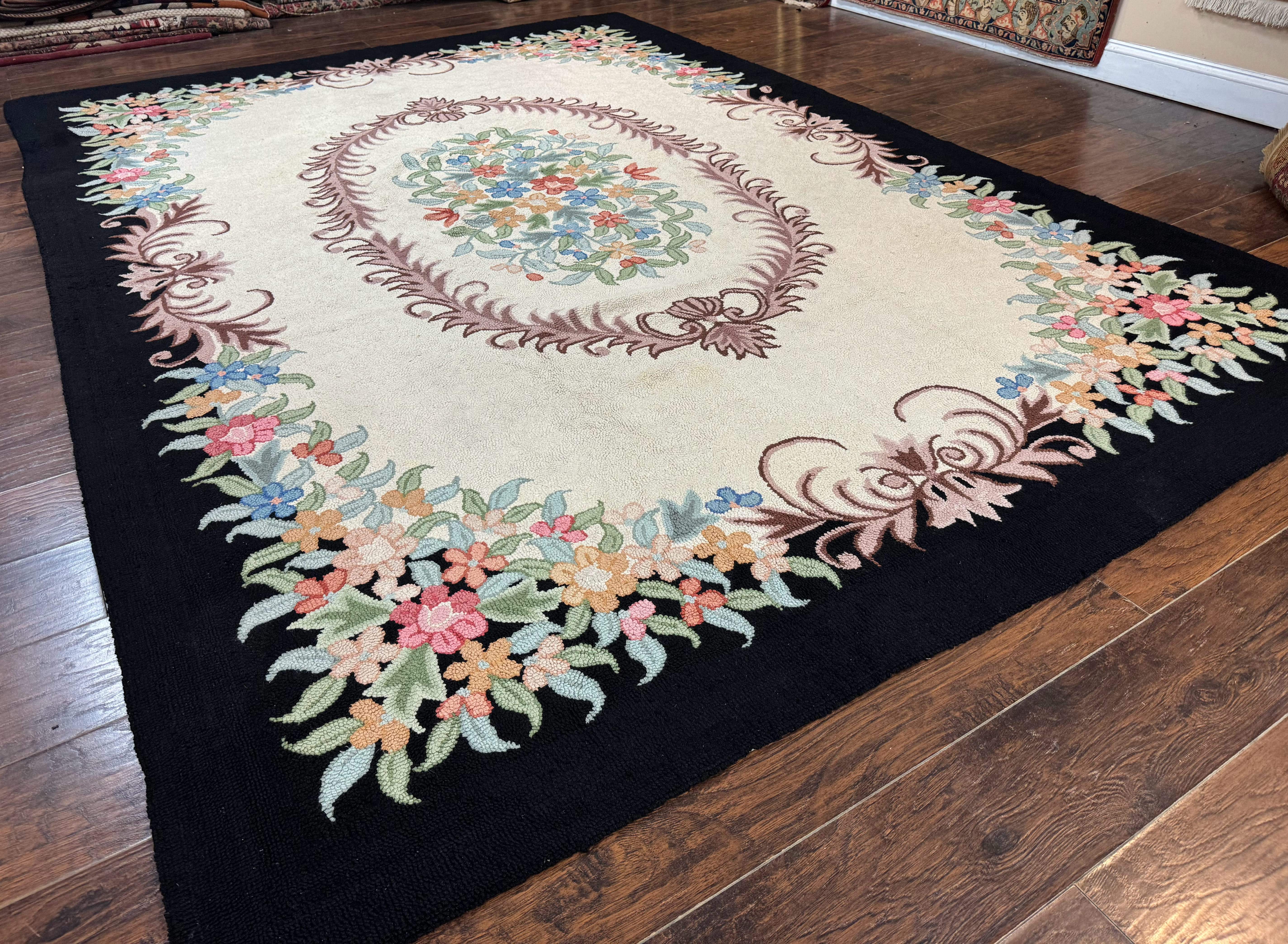 Large American Hooked Rug 8x11, Vintage Ivory Black Floral Carpet - Jewel Rugs