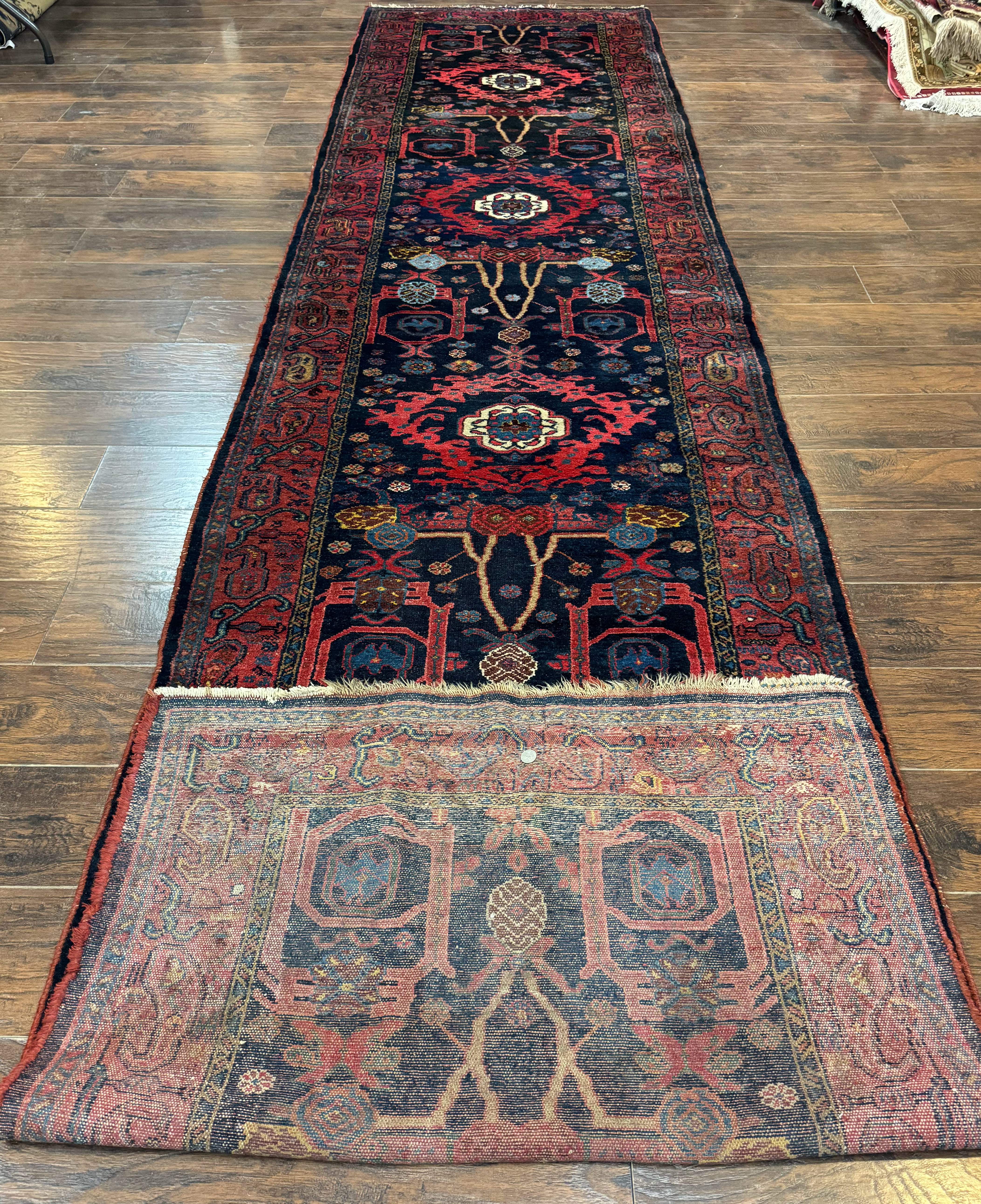 Rare Persian Malayer Runner Rug 4x16 – Navy and Red, Hand-Knotted Wool Antique Carpet, Paisley Border - Jewel Rugs