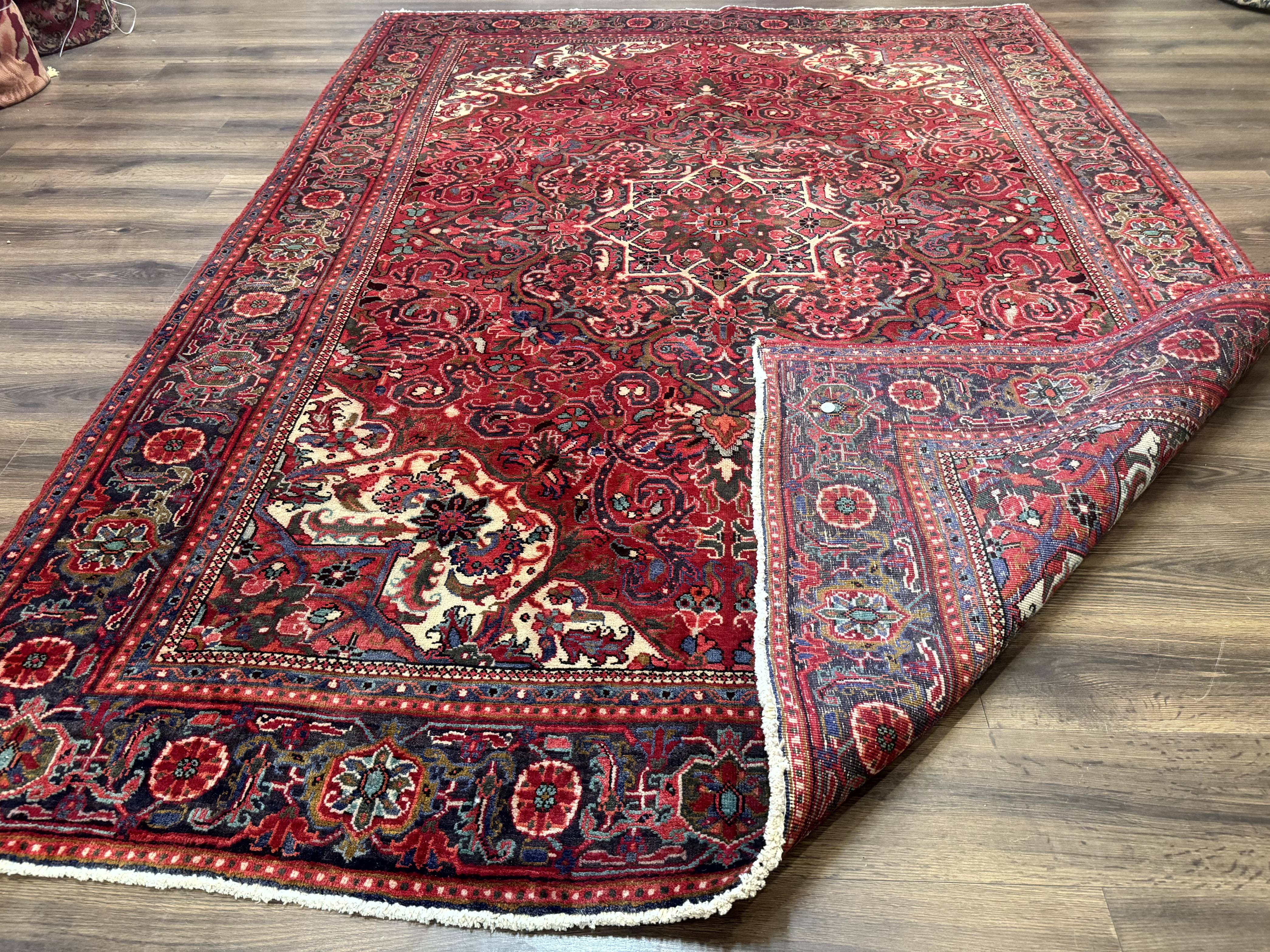 Persian Heriz Rug 7x10, Red and Navy, Geometric Medallion, Vintage Wool Carpet - Jewel Rugs