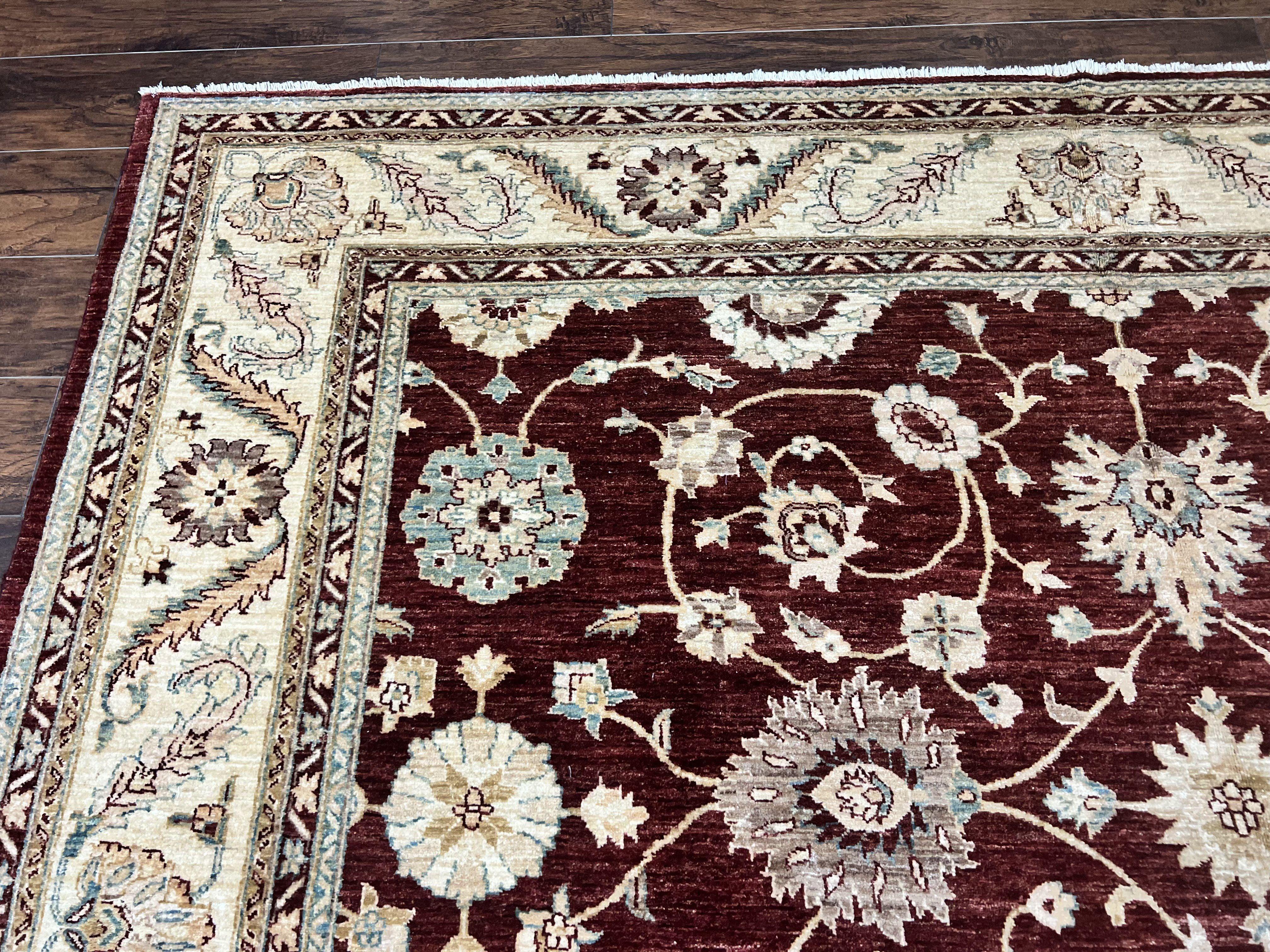 Peshawar Rug 9x11, Pakistani Oriental Carpet, Maroon and Beige, Floral Allover, Wool Hand Knotted Handmade Vintage Rug - Jewel Rugs