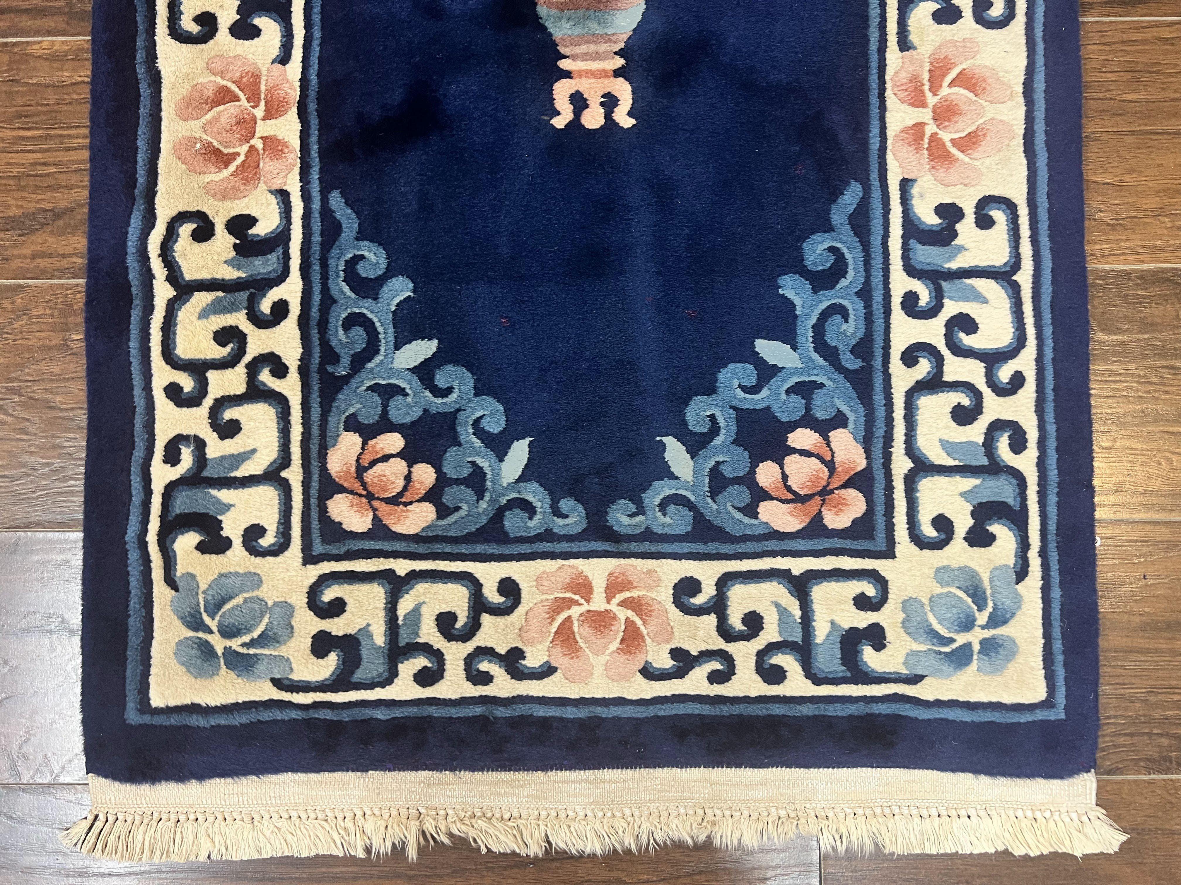 Chinese Wool Runner Rug 2.6 x 12, Blue and Beige, Handmade Vintage Wool Rug for Hallway, 12ft Runner, Asian Oriental Art Deco 90 Line Rug - Jewel Rugs