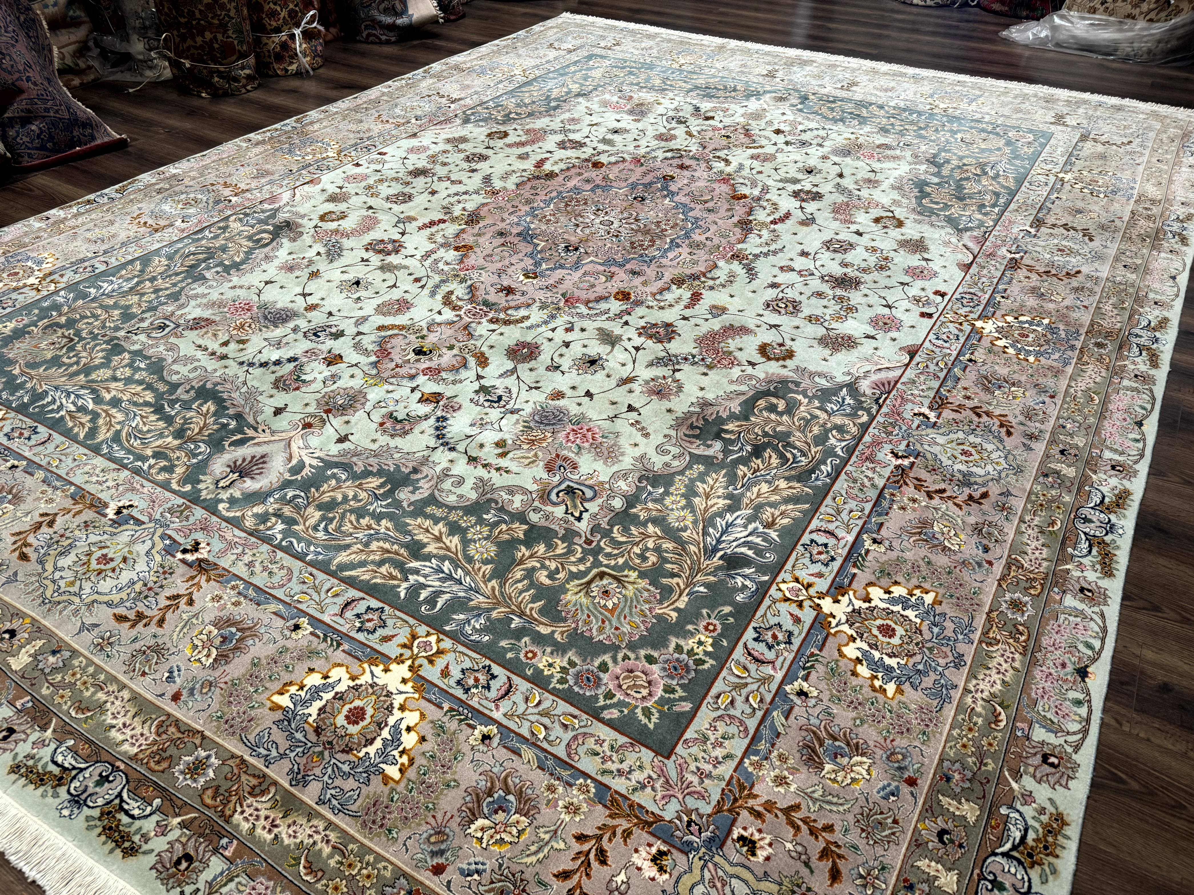 Marvelous Persian Tabriz Rug 10x13, Very Fine 380 KPSI, Mint Green Pink, Floral - Jewel Rugs
